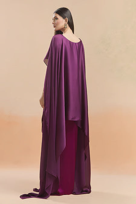 Satin Metallic Thread Cape Top And Draped Skirt Set