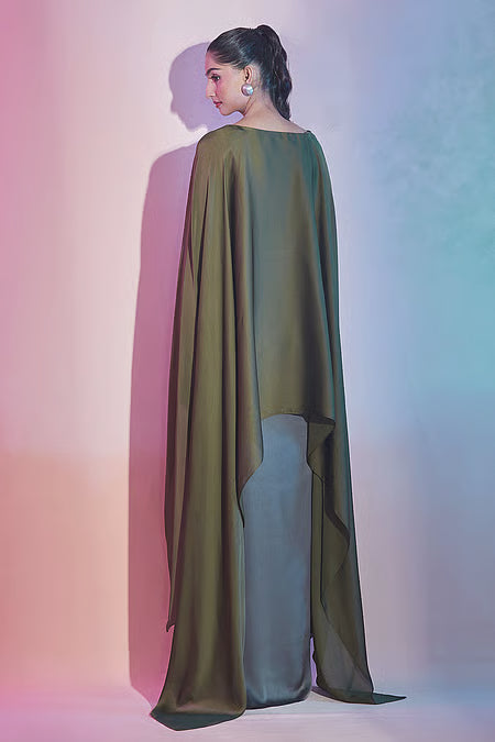 Satin Metallic Thread Cape Top And Draped Skirt Set