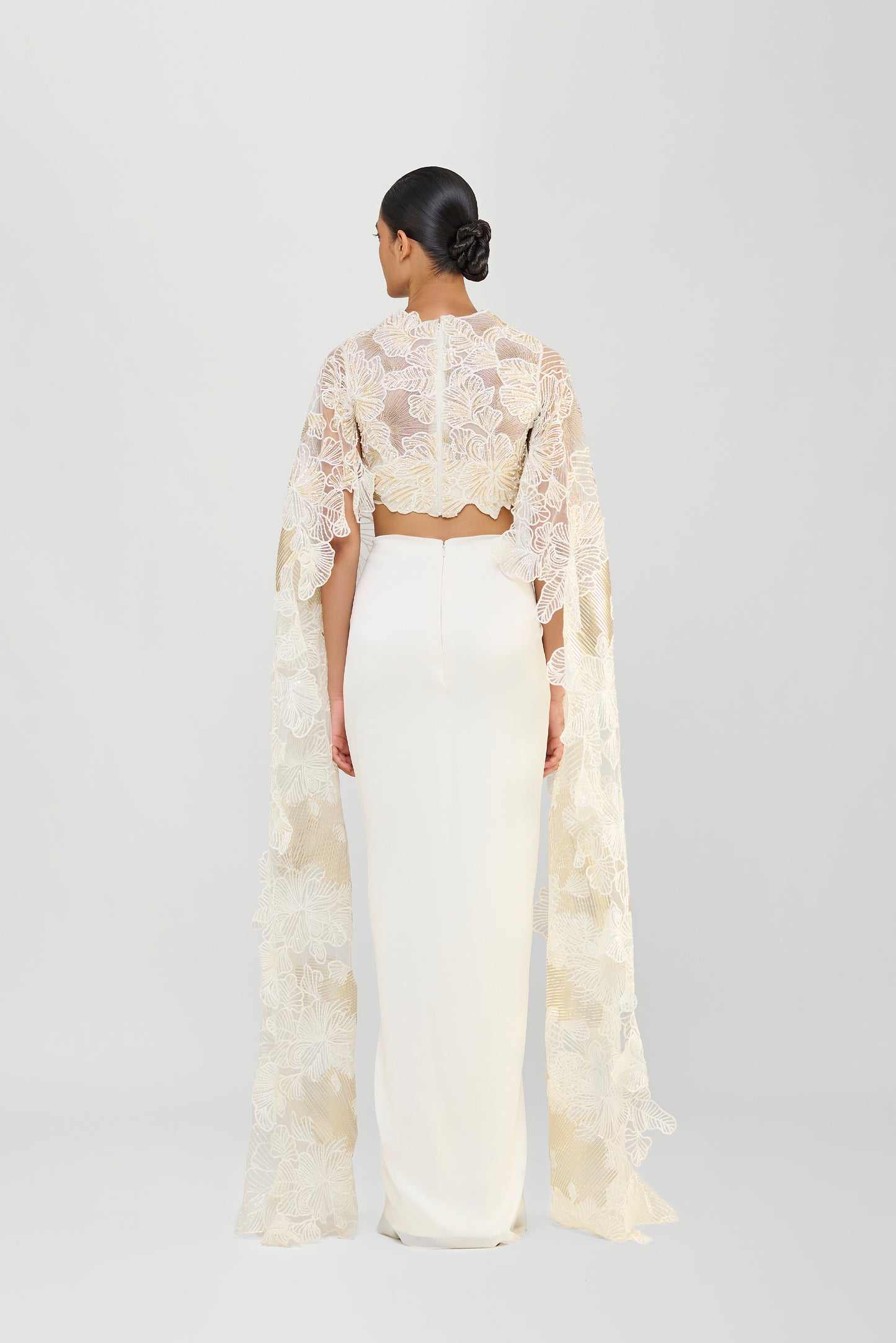 CORDED CORAL BEADED TOP WITH ATTACHED WINGS AND CHIFFON DRAPED SKIRT