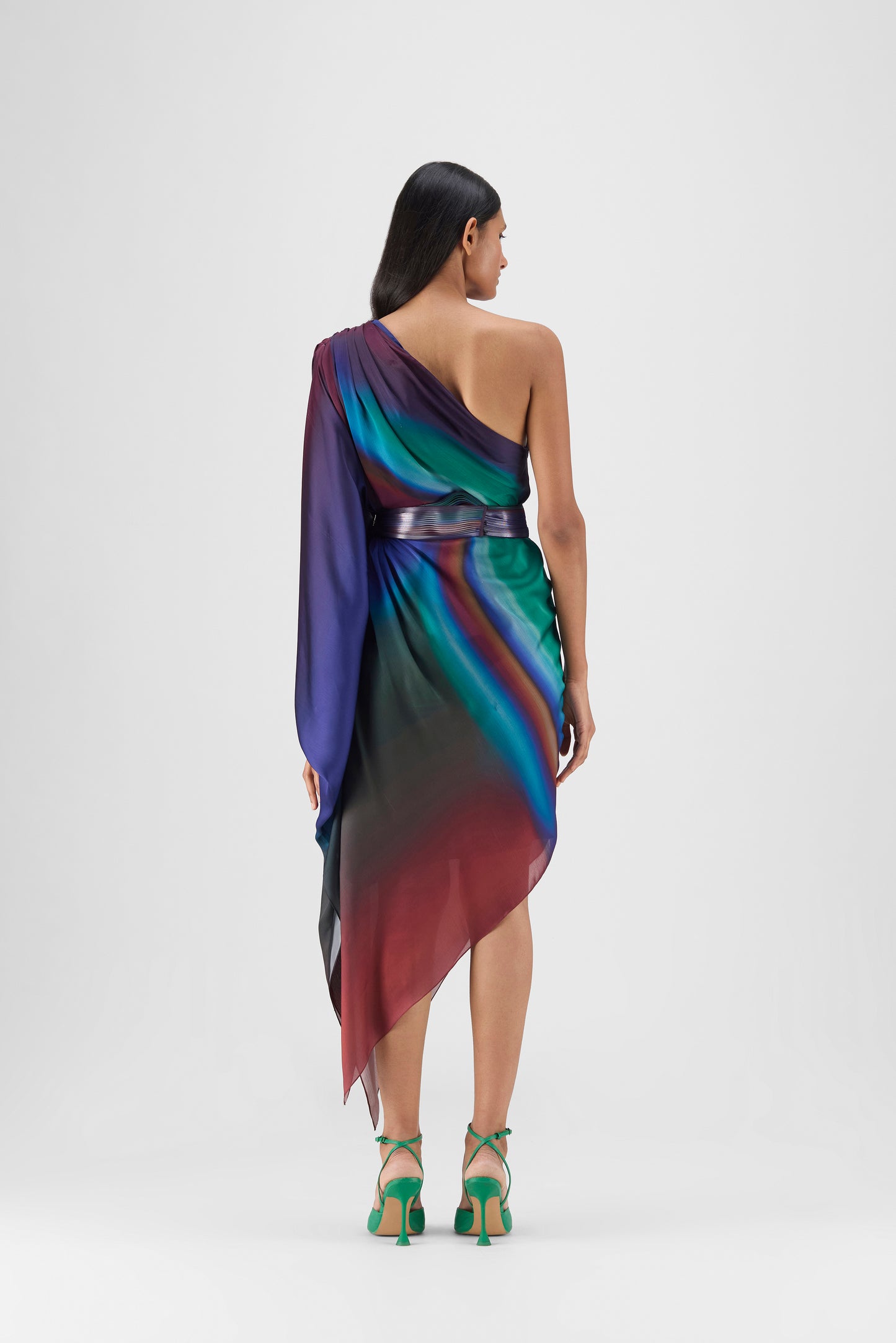Metallic One Shoulder Watercolor Dress