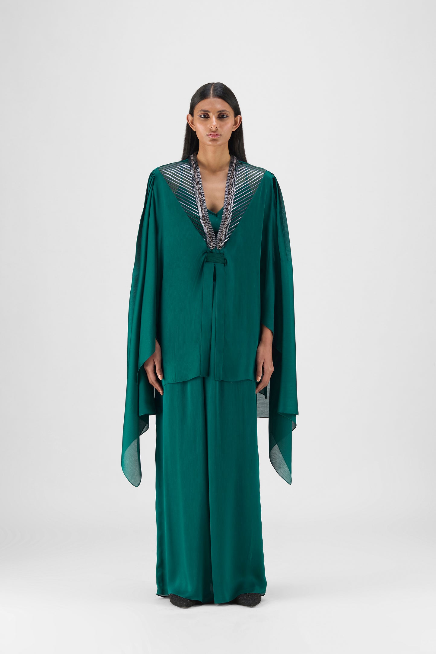 Metallic Structured Cape With Beads