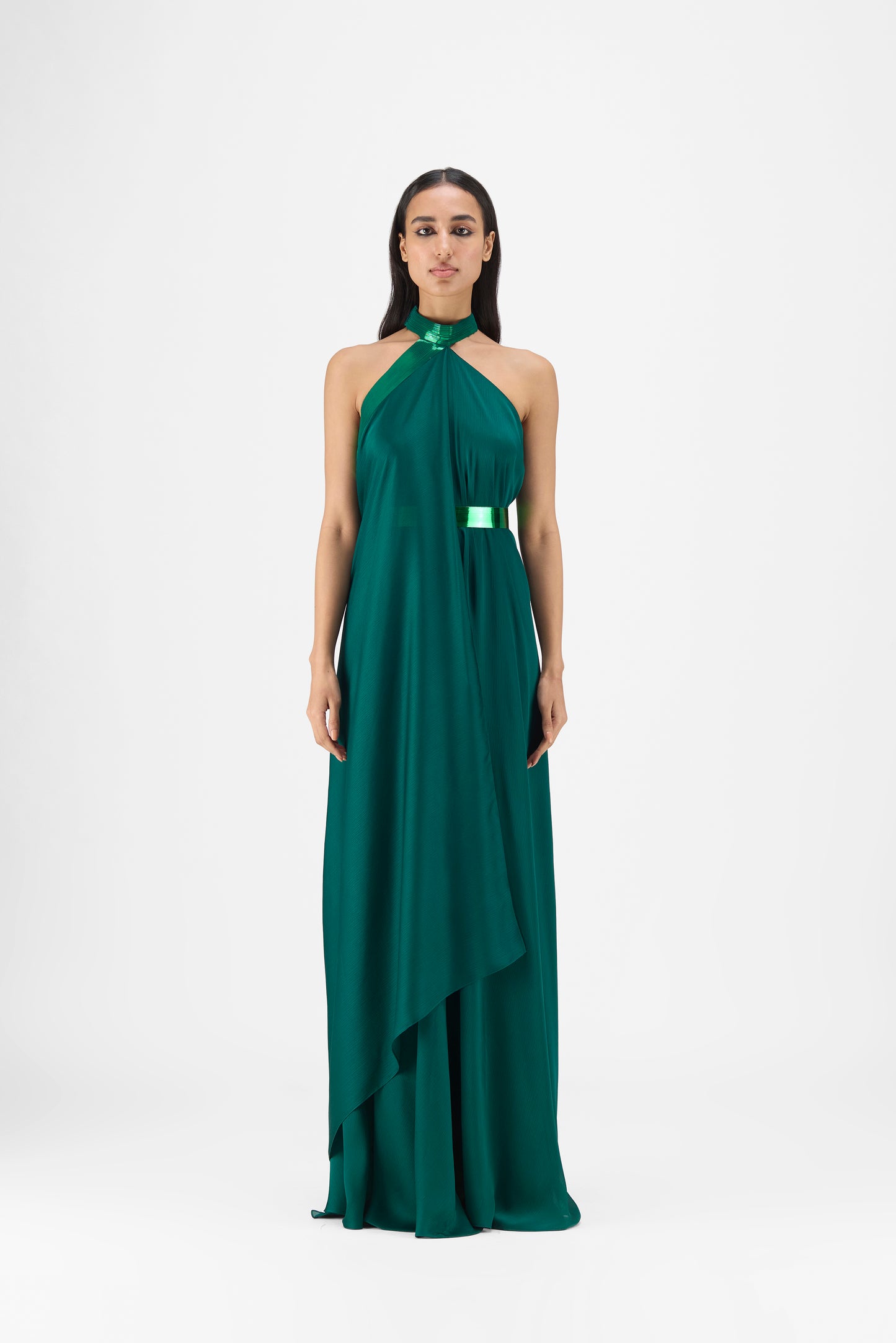 METALLIC HALTER FLUID DRESS