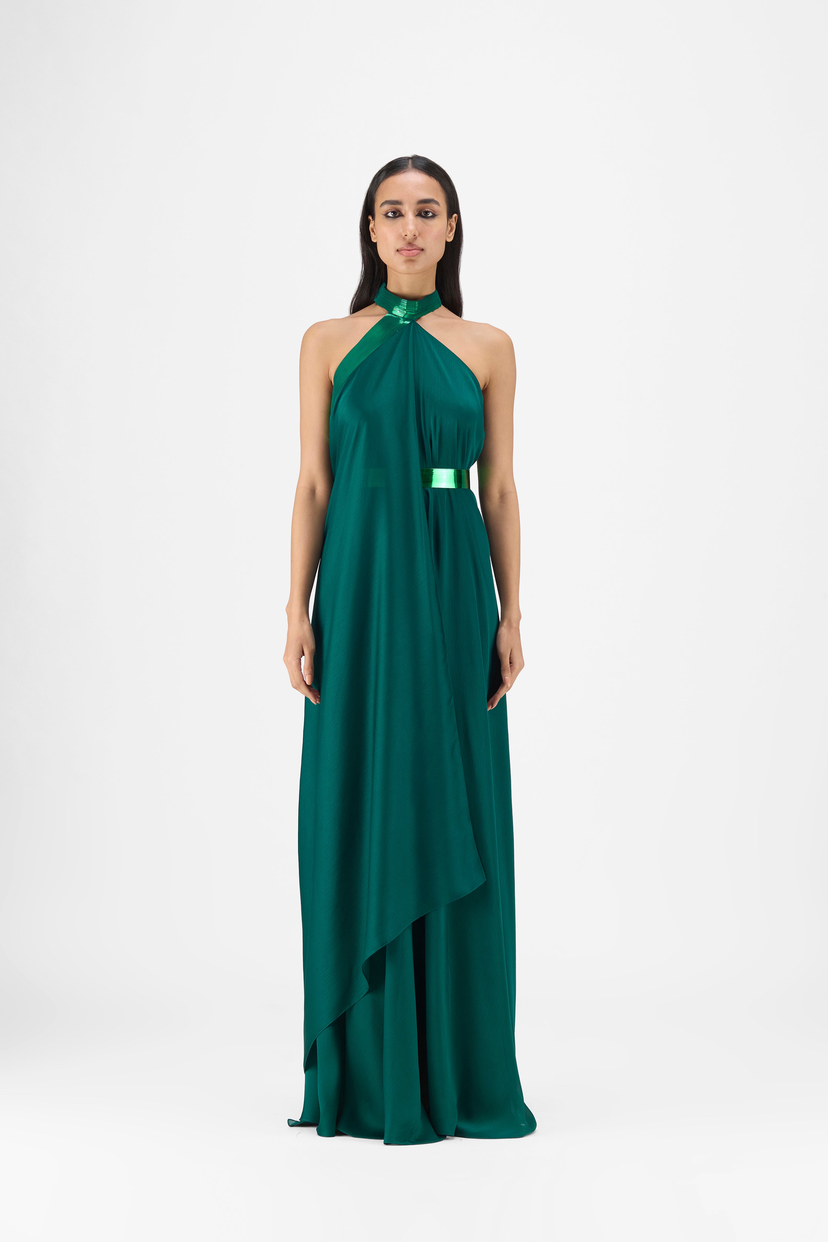 Metallic Halter Fluid Dress