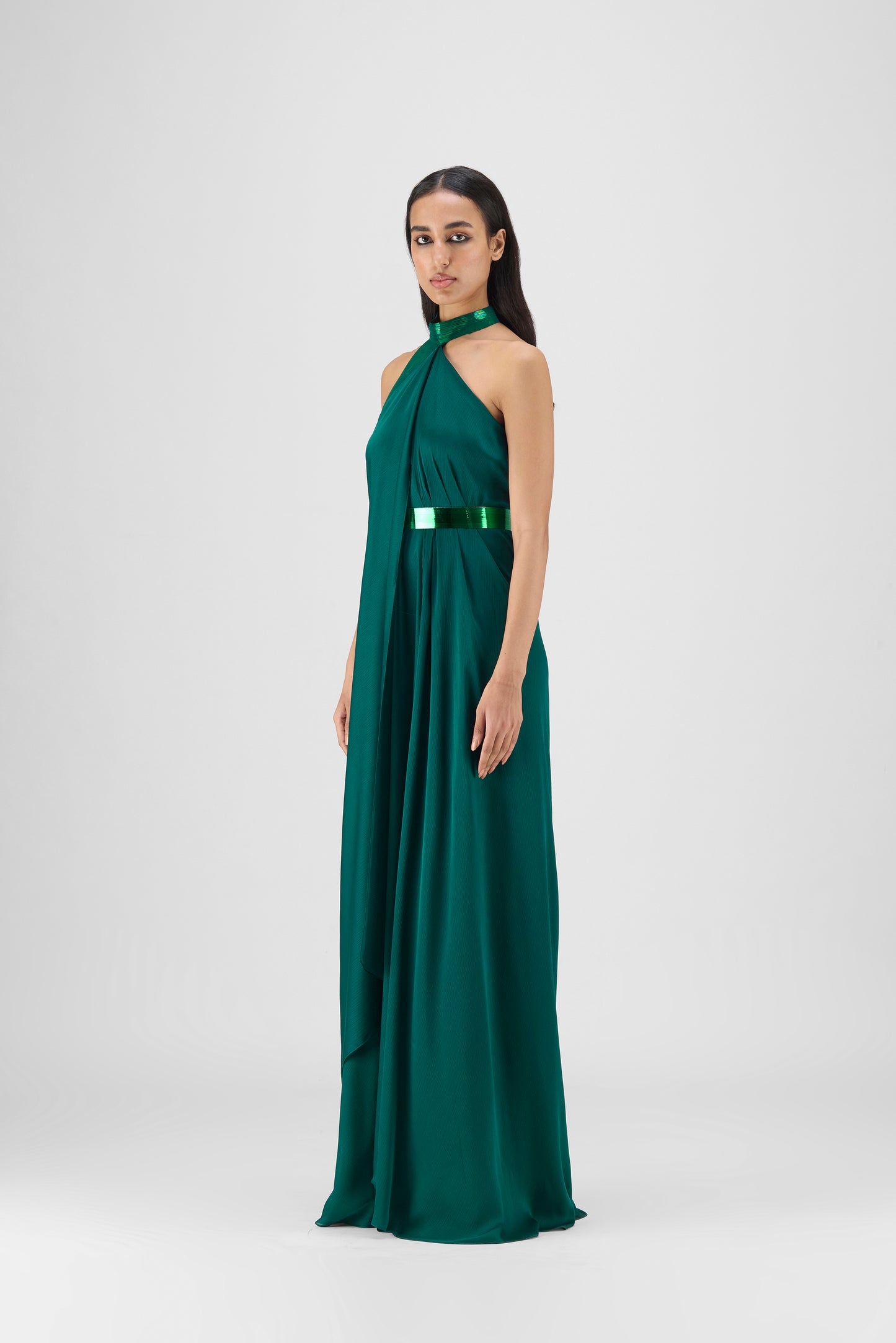 METALLIC HALTER FLUID DRESS