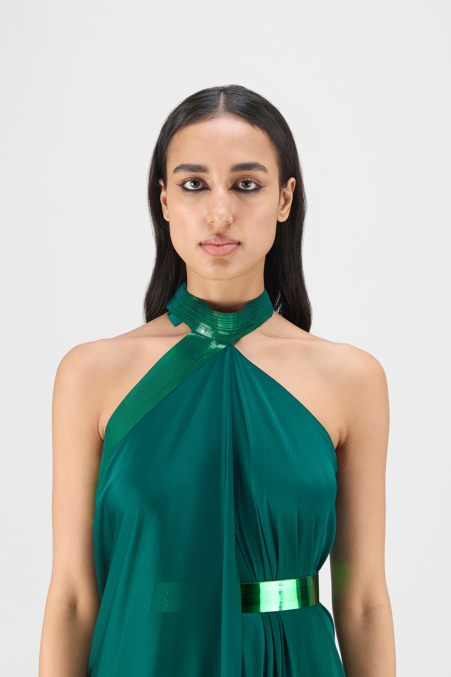 METALLIC HALTER FLUID DRESS