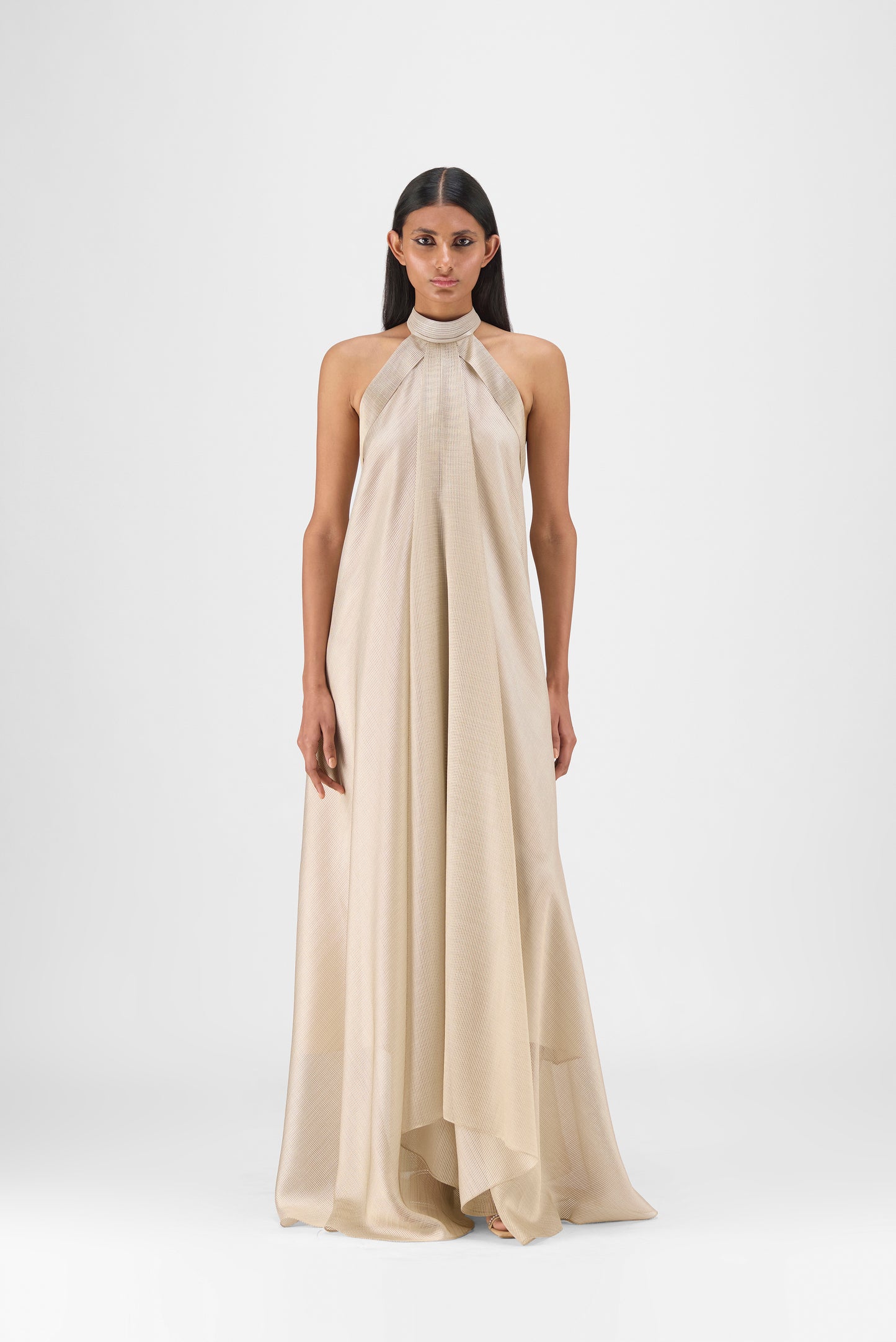 METALLIC FLUID HALTER DRESS