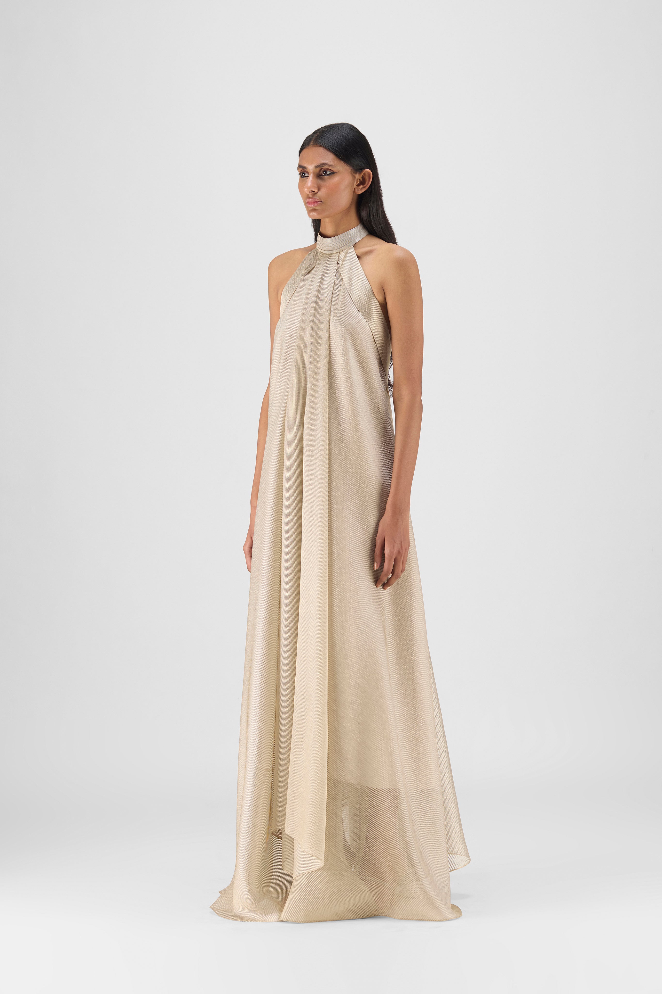 Metallic Fluid Halter Dress