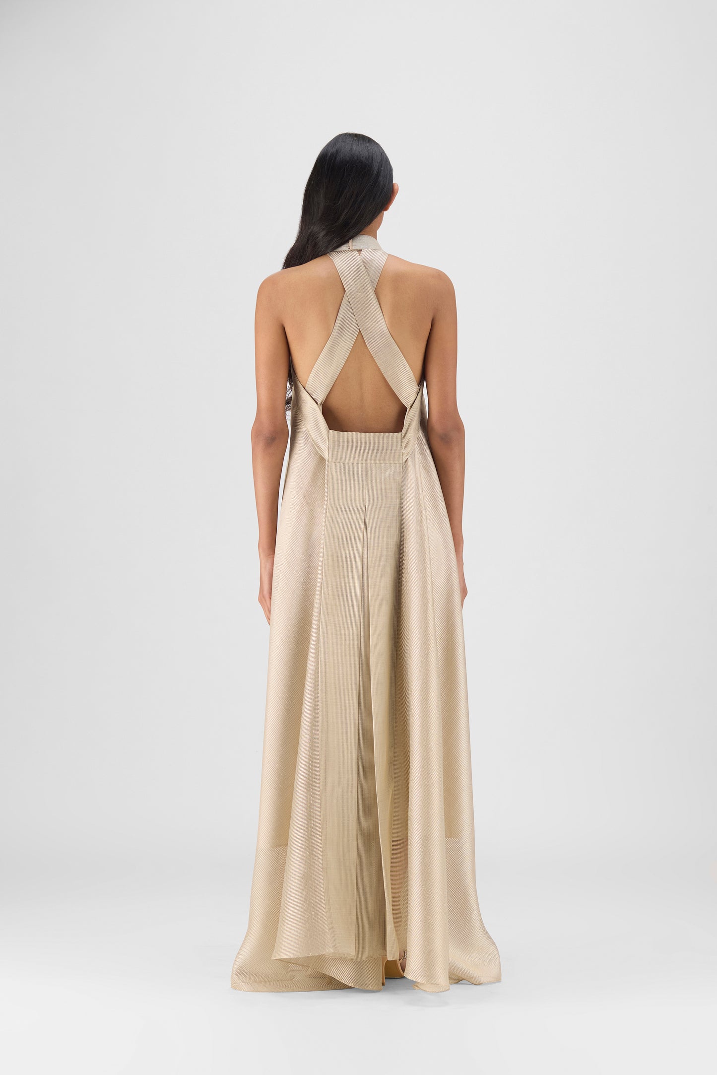 METALLIC FLUID HALTER DRESS