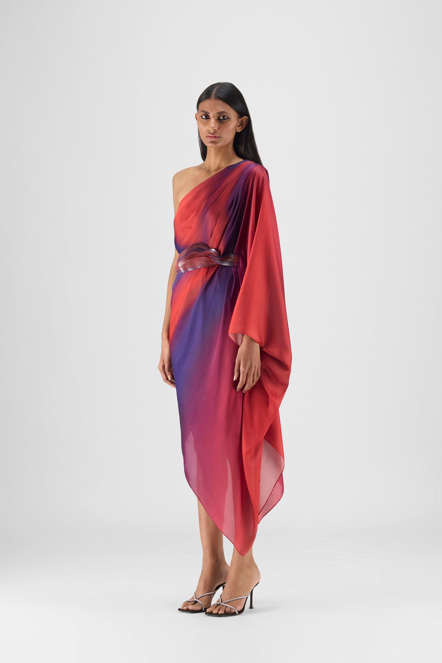 Metallic One Shoulder Watercolor Dress