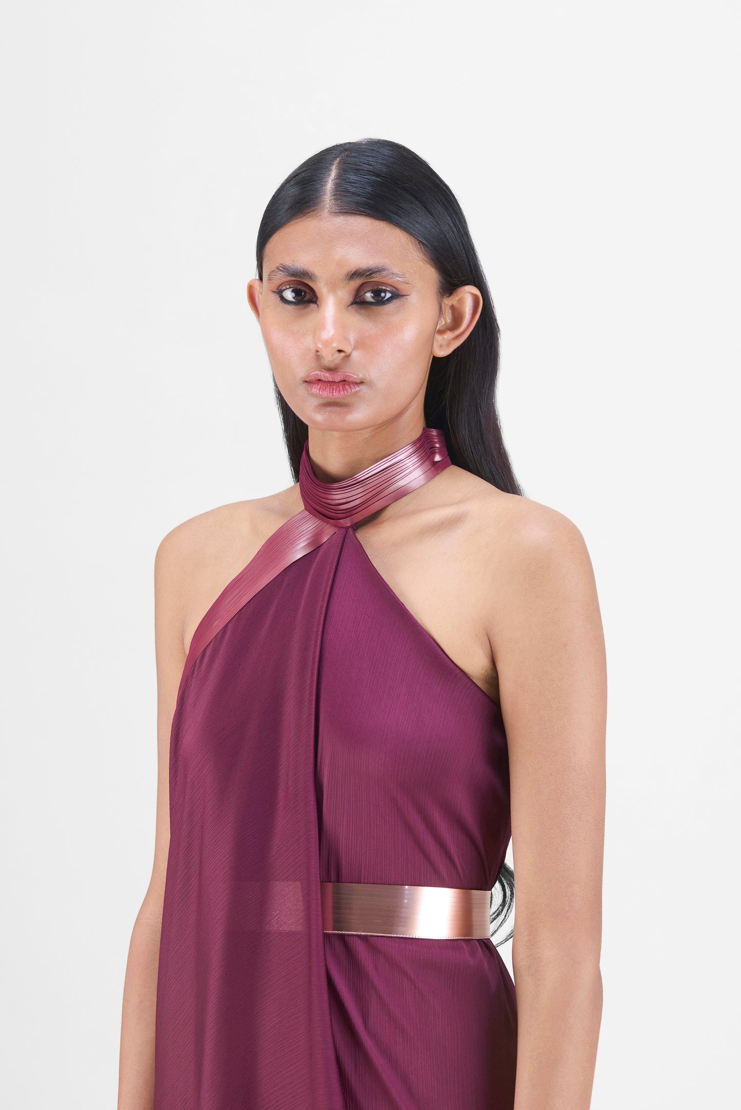 METALLIC HALTER FLUID DRESS