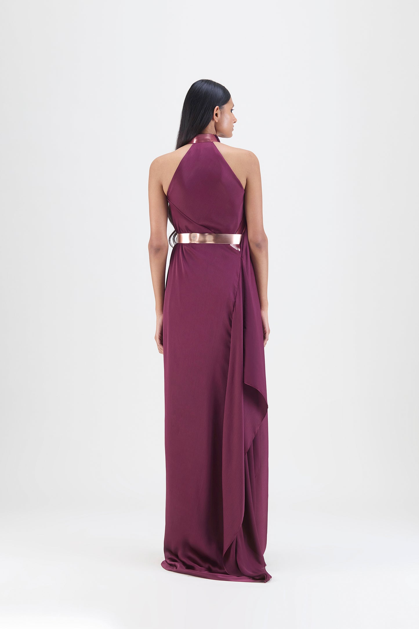 METALLIC HALTER FLUID DRESS