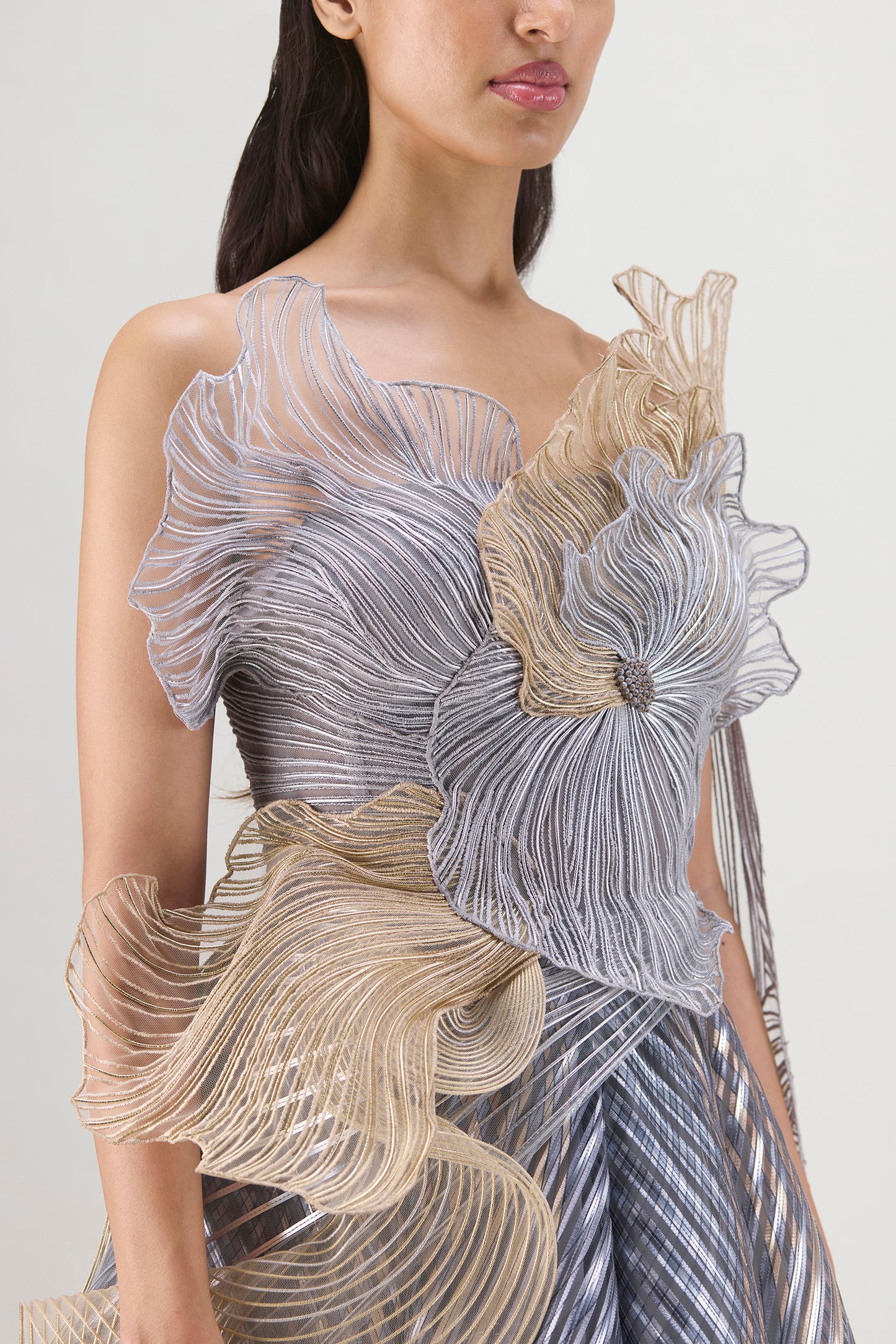 Corded Top And Fish Fin Skirt With Ruffle Drape