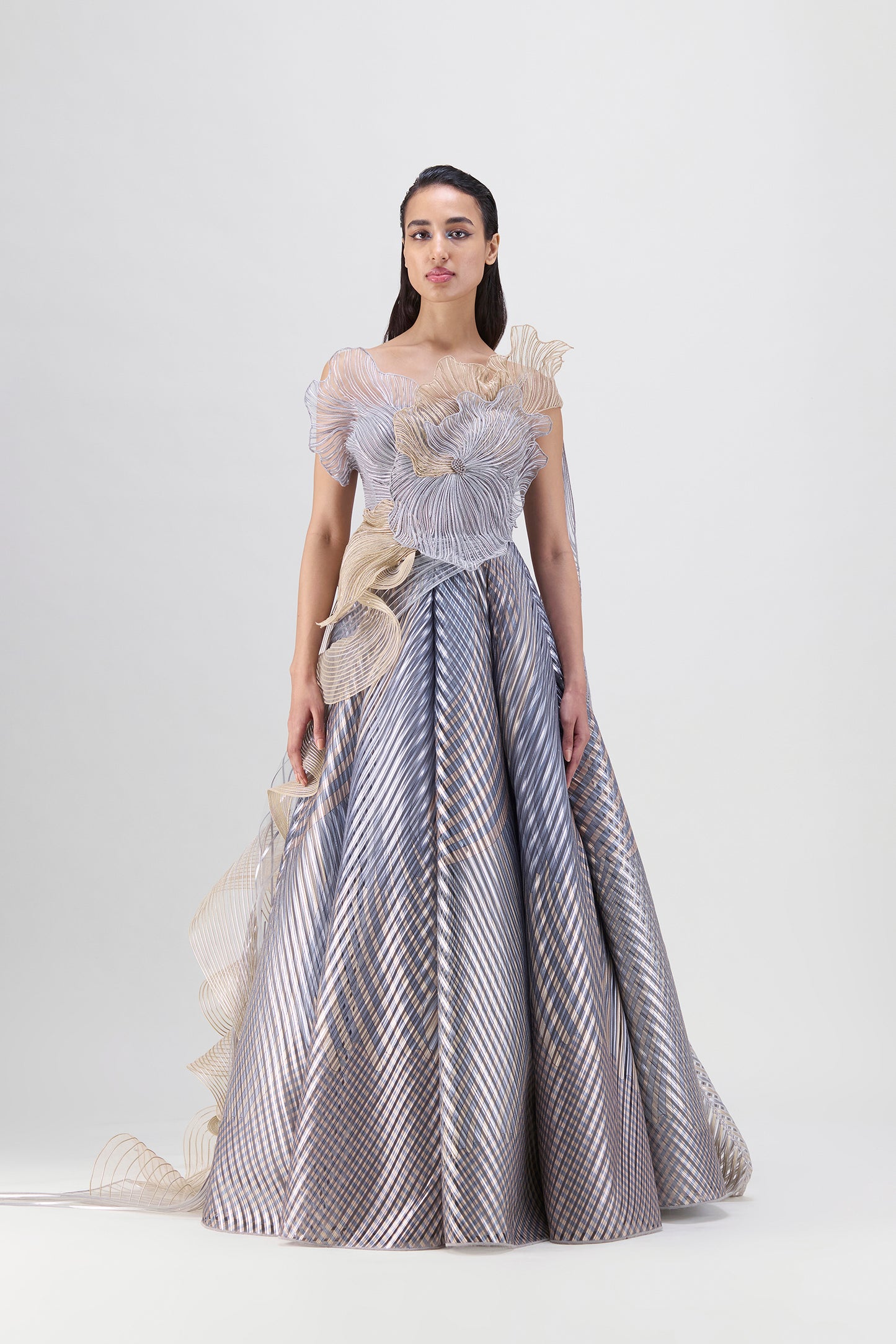 Corded Top And Fish Fin Skirt With Ruffle Drape
