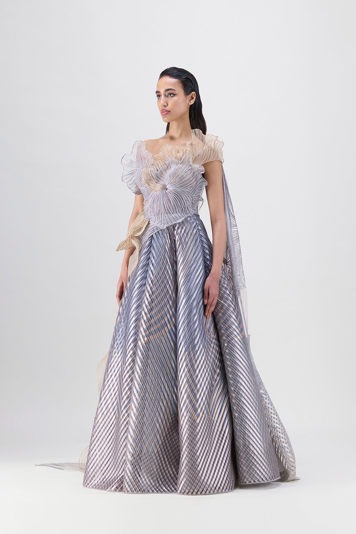 Corded Top And Fish Fin Skirt With Ruffle Drape