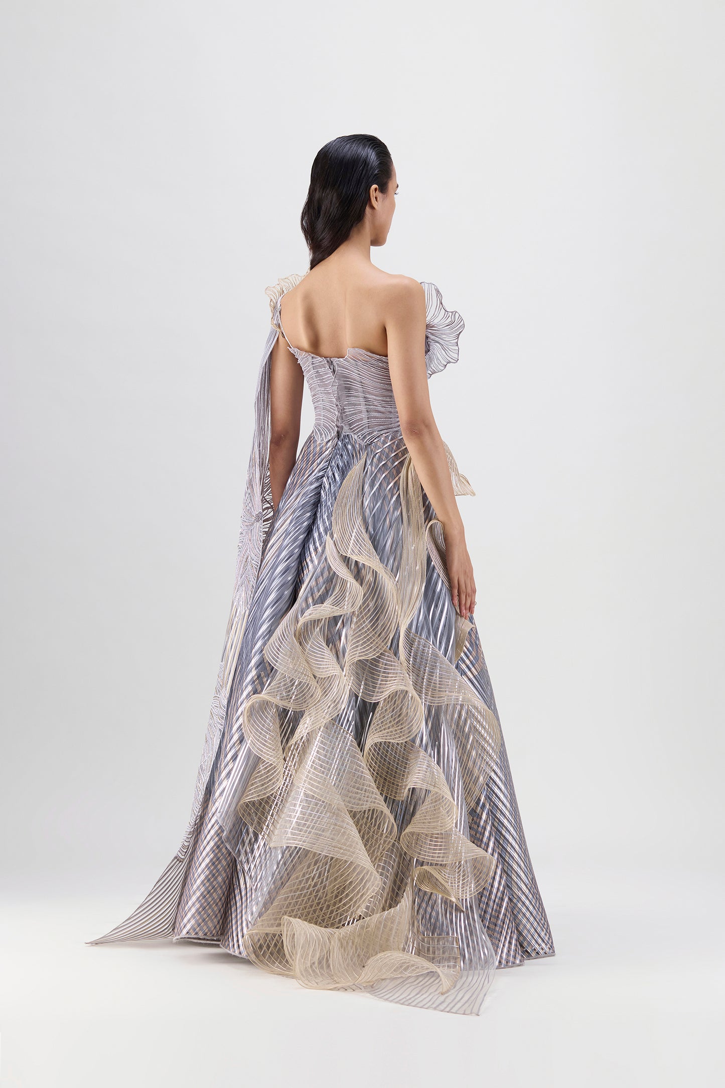 Corded Top And Fish Fin Skirt With Ruffle Drape