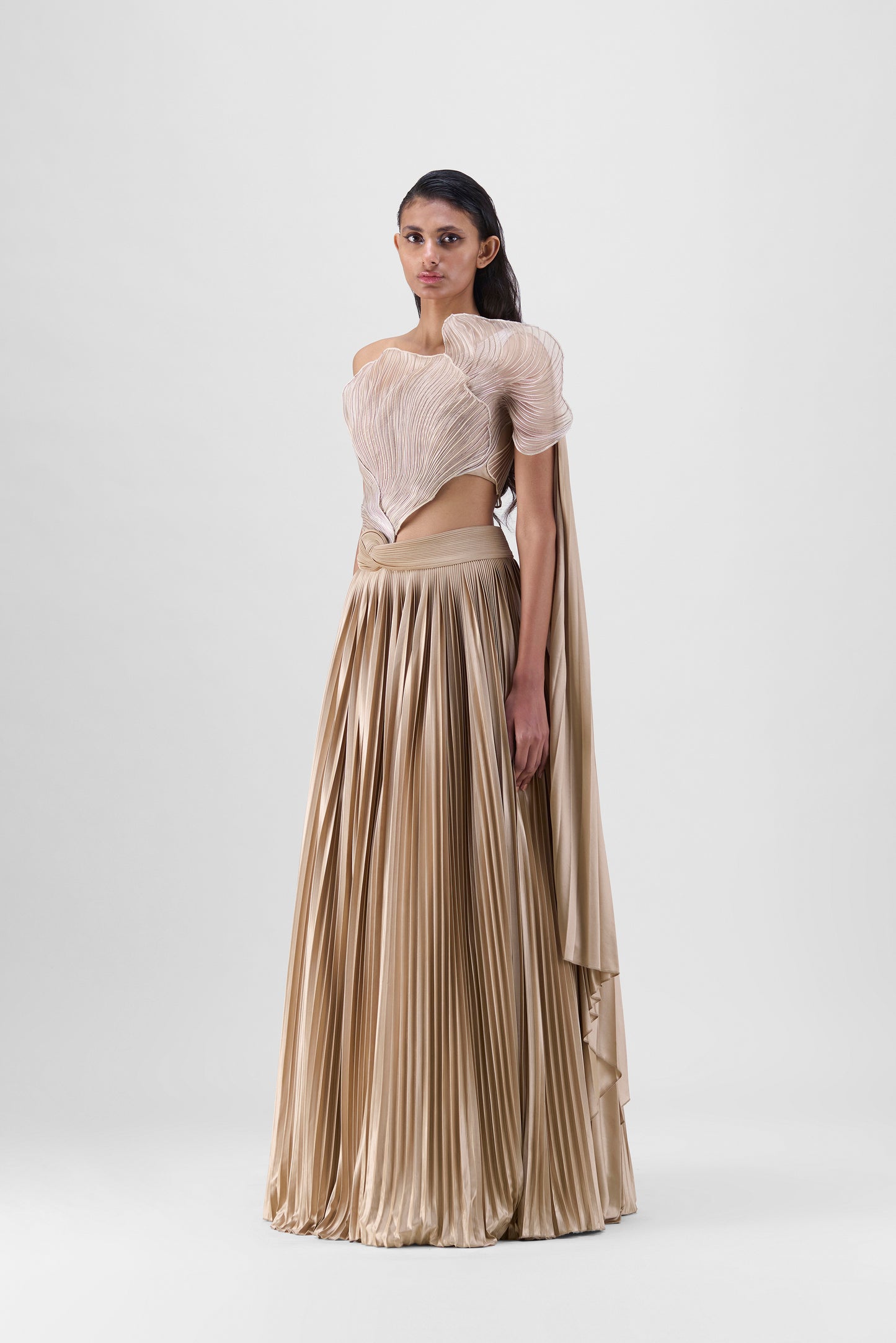 CORDED CORAL TOP AND PLISSÉ SKIRT
