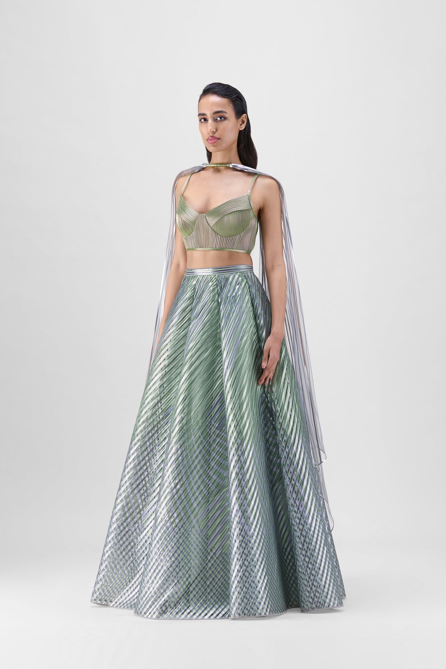 METALLIC FLUTED TULLE PRINTED SKIRT WITH A CORDED BUSTIER