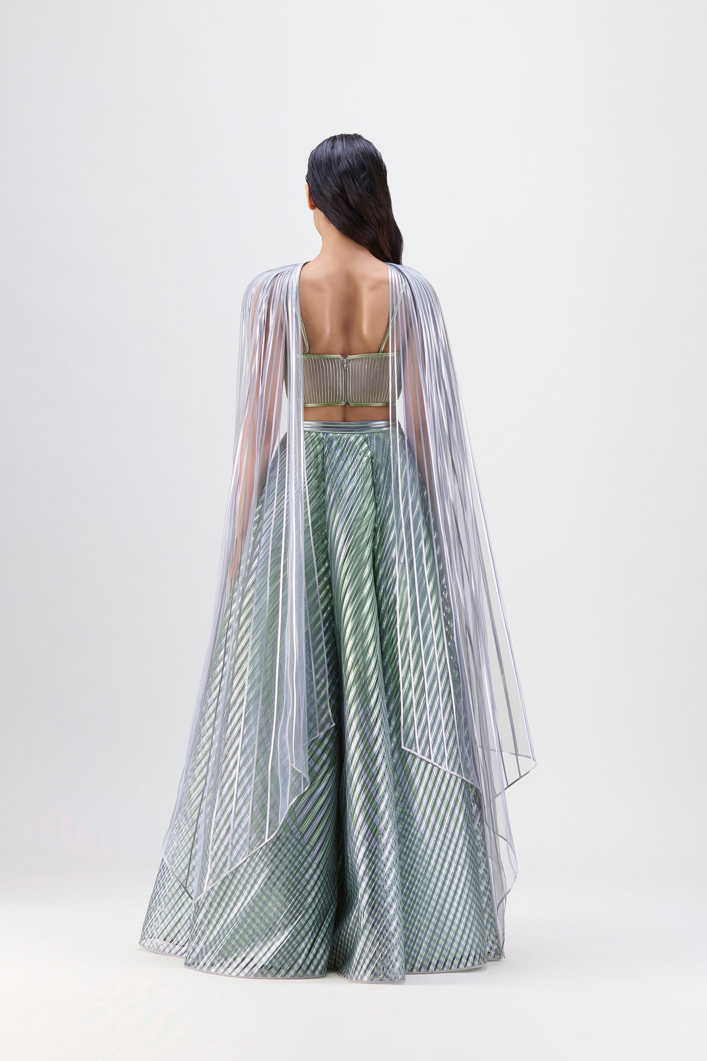 METALLIC FLUTED TULLE PRINTED SKIRT WITH A CORDED BUSTIER
