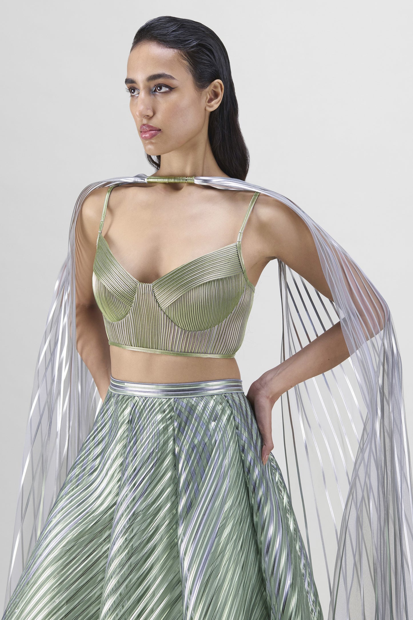 METALLIC FLUTED TULLE PRINTED SKIRT WITH A CORDED BUSTIER