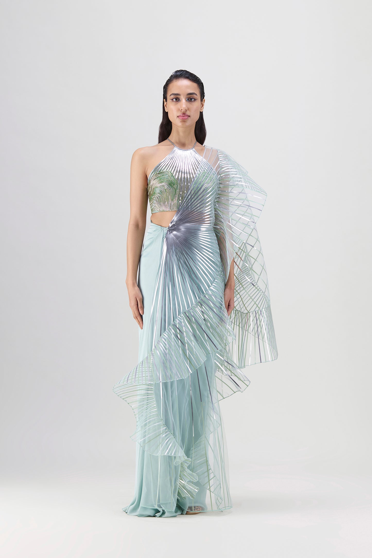 Metallic Winged Ruffle Saree