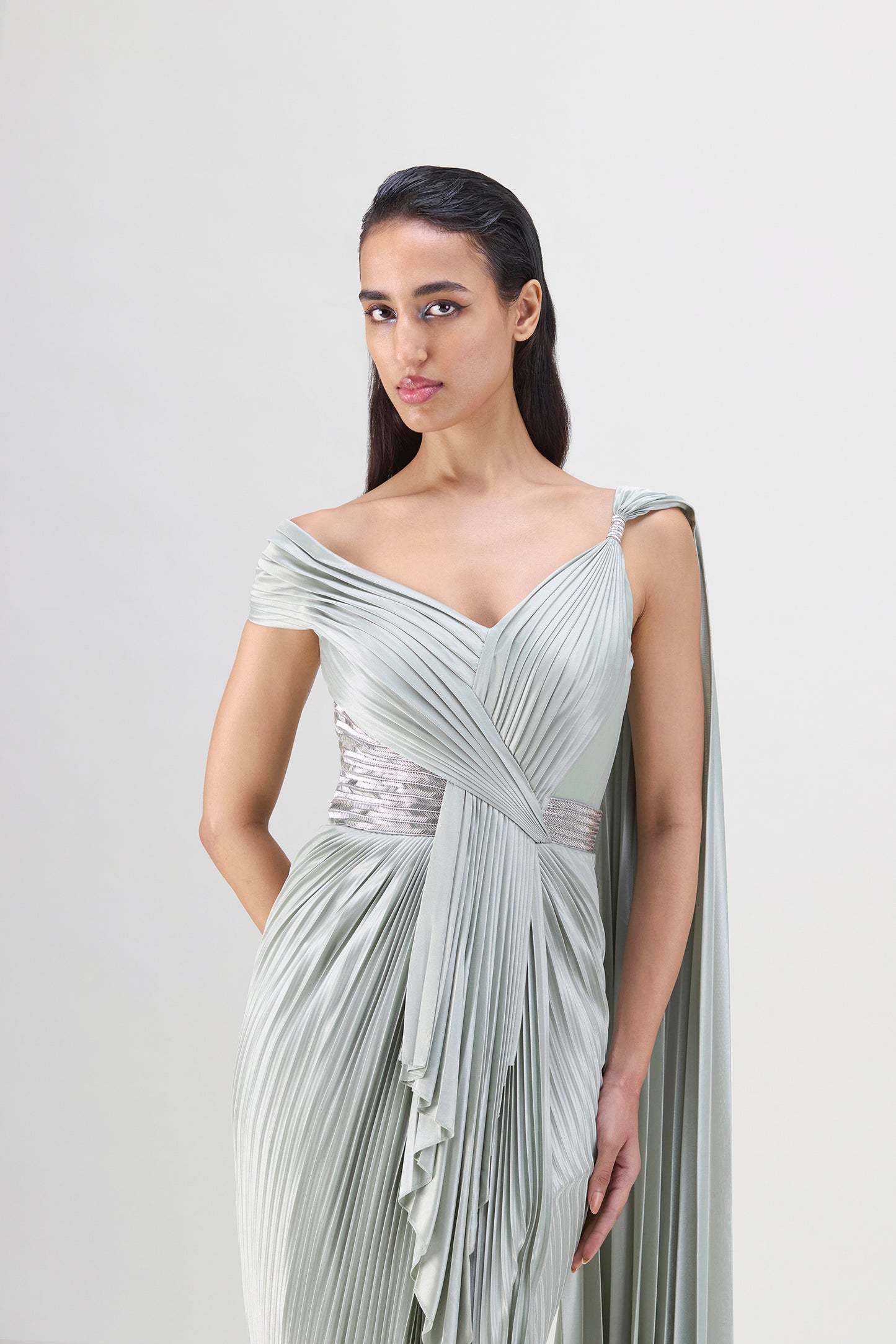 STRUCTURED MINERAL JERSEY PLISSÉ SAREE