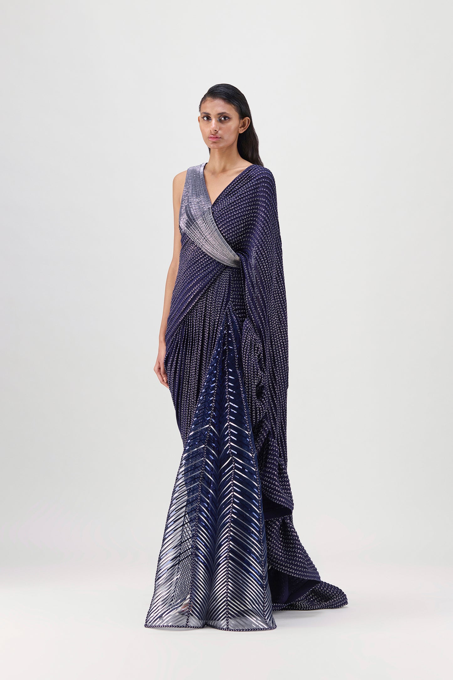 METALLIC STRUCTURED GOWN WITH RUFFLE BRAIDED DRAPE