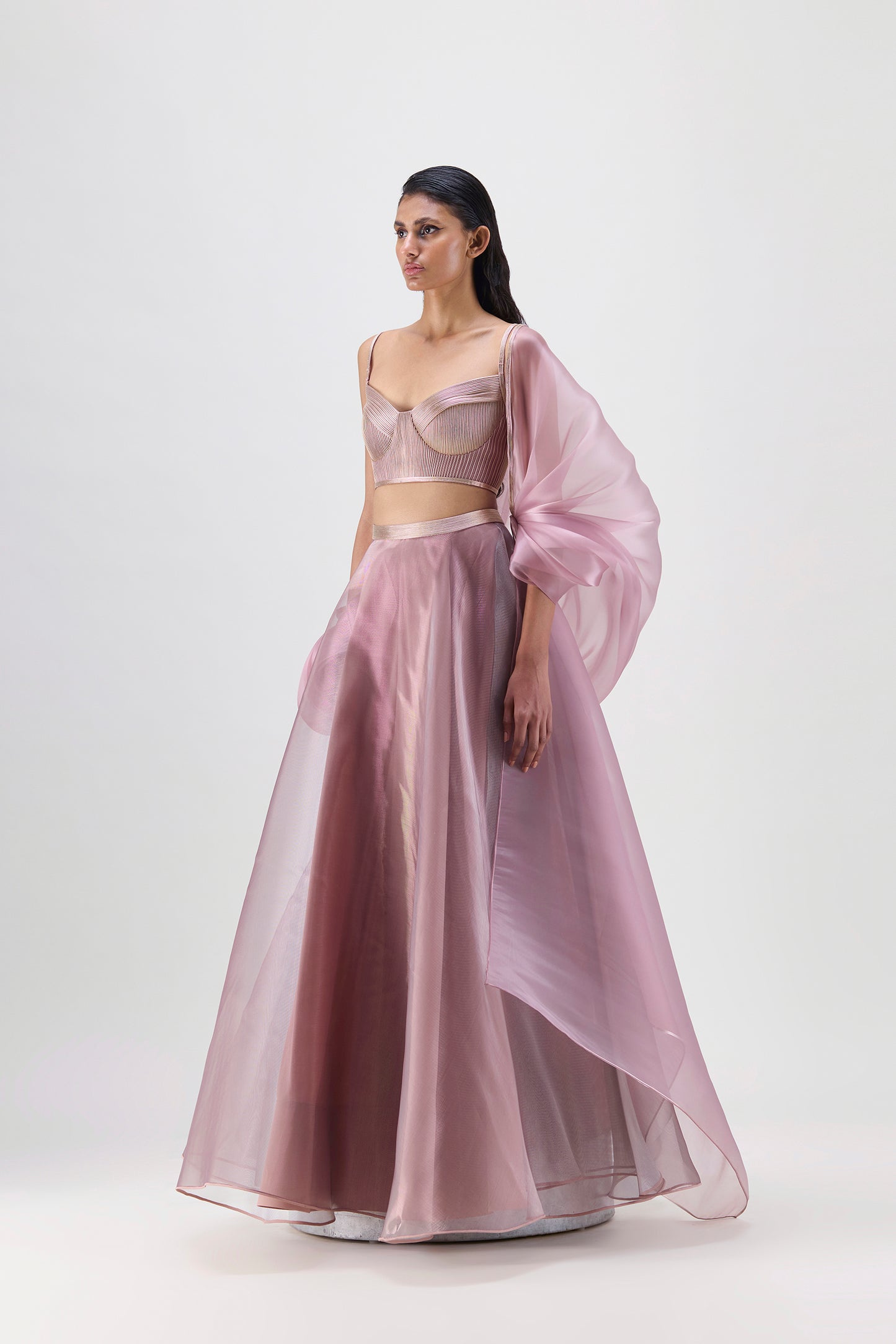 Metallic Bustier With Cape And Skirt