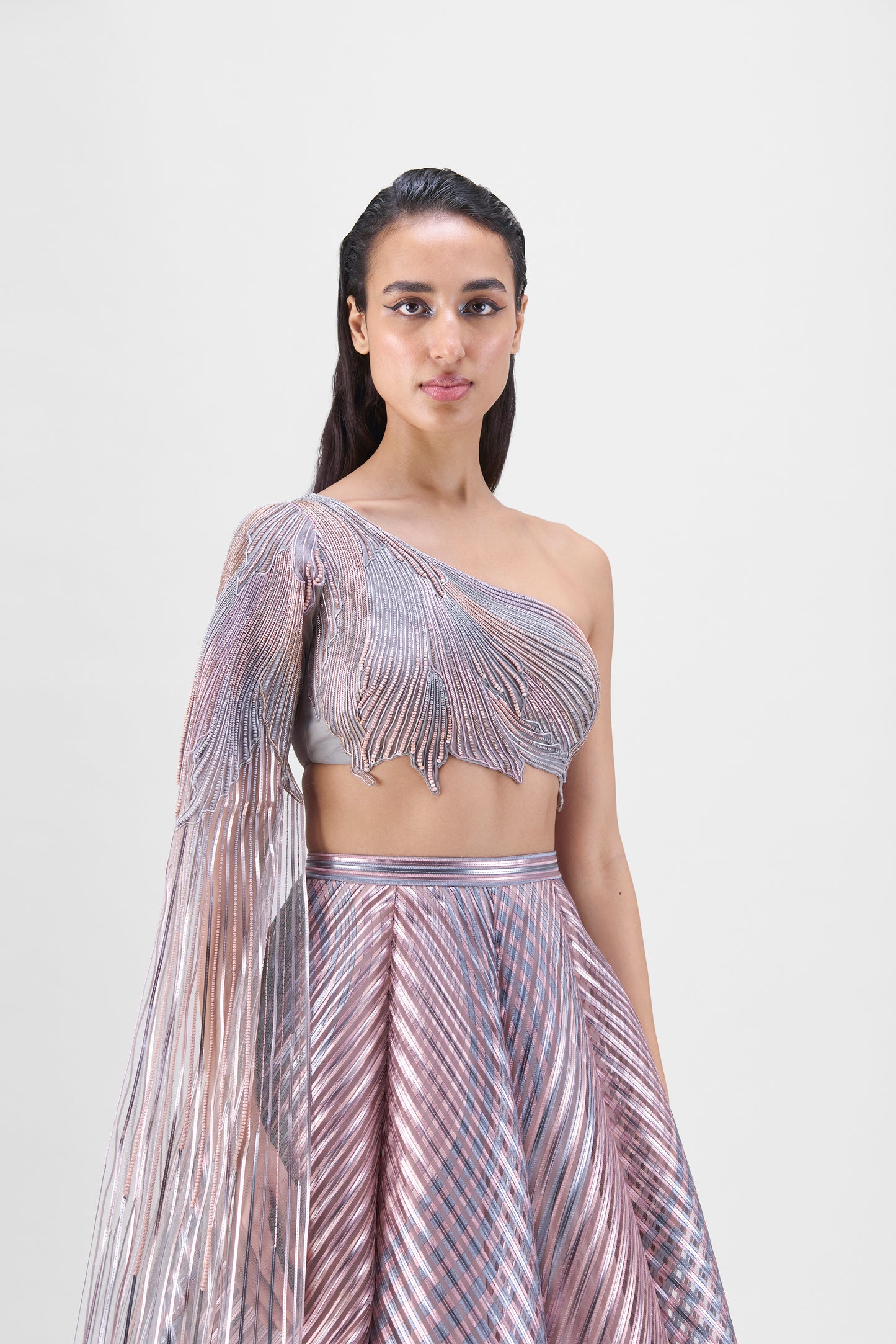 Metallic Fluted Tulle Printed Skirt And Beaded Top