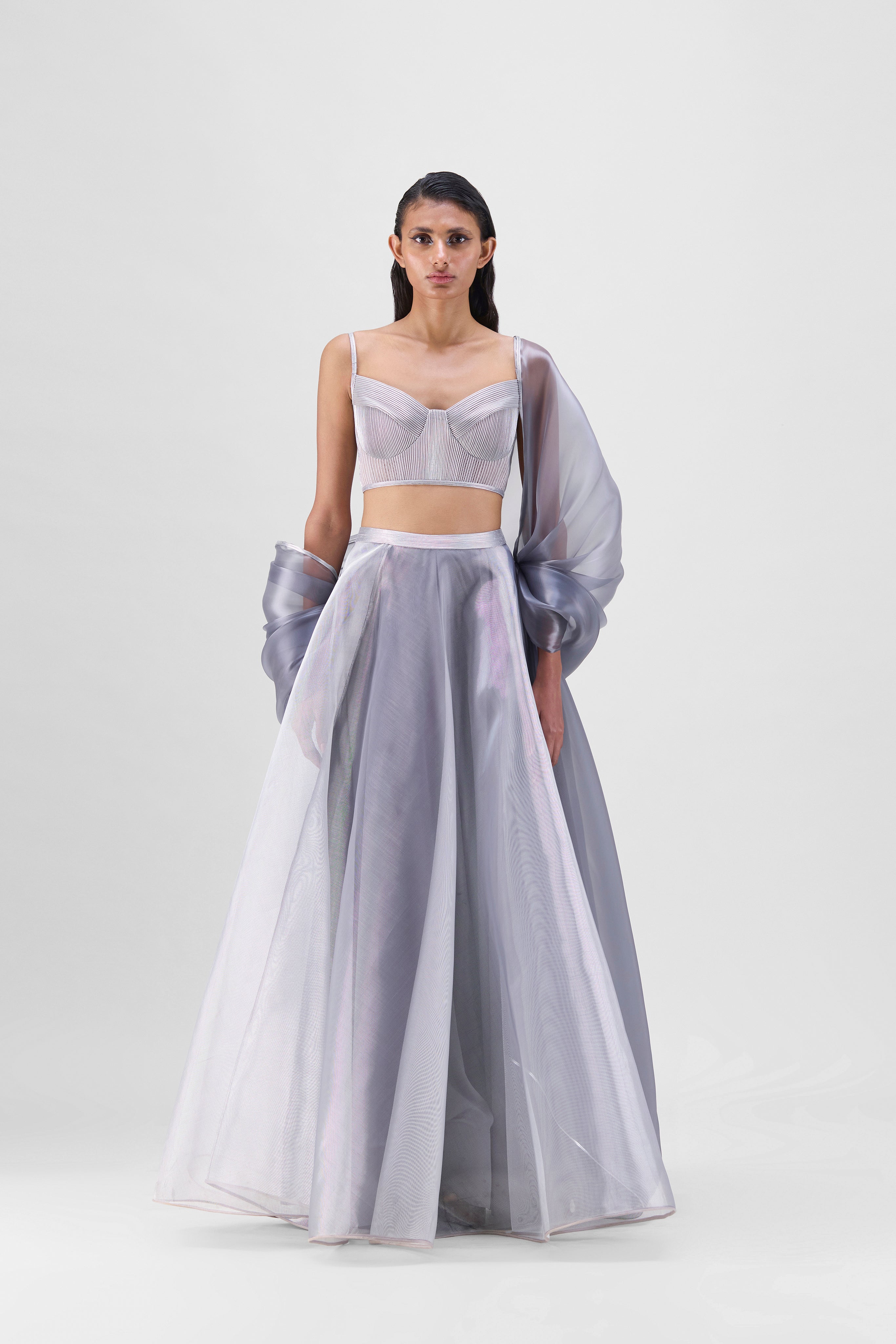 Metallic Bustier With Cape And Skirt