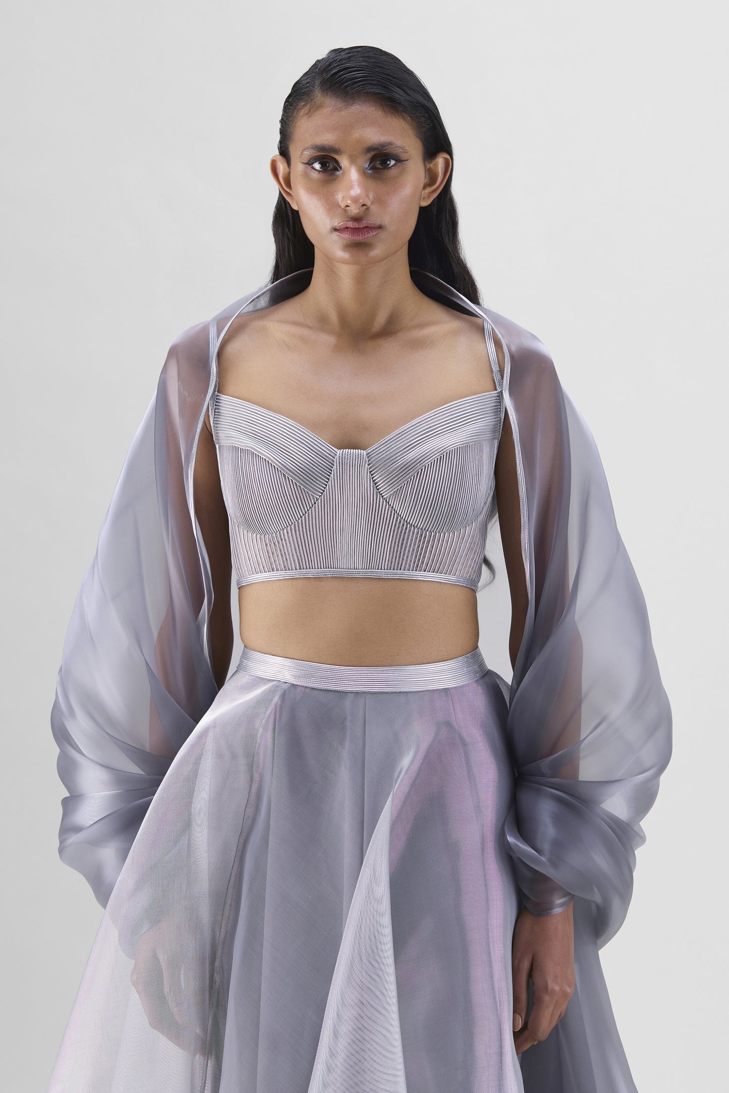 Metallic Bustier With Cape And Skirt