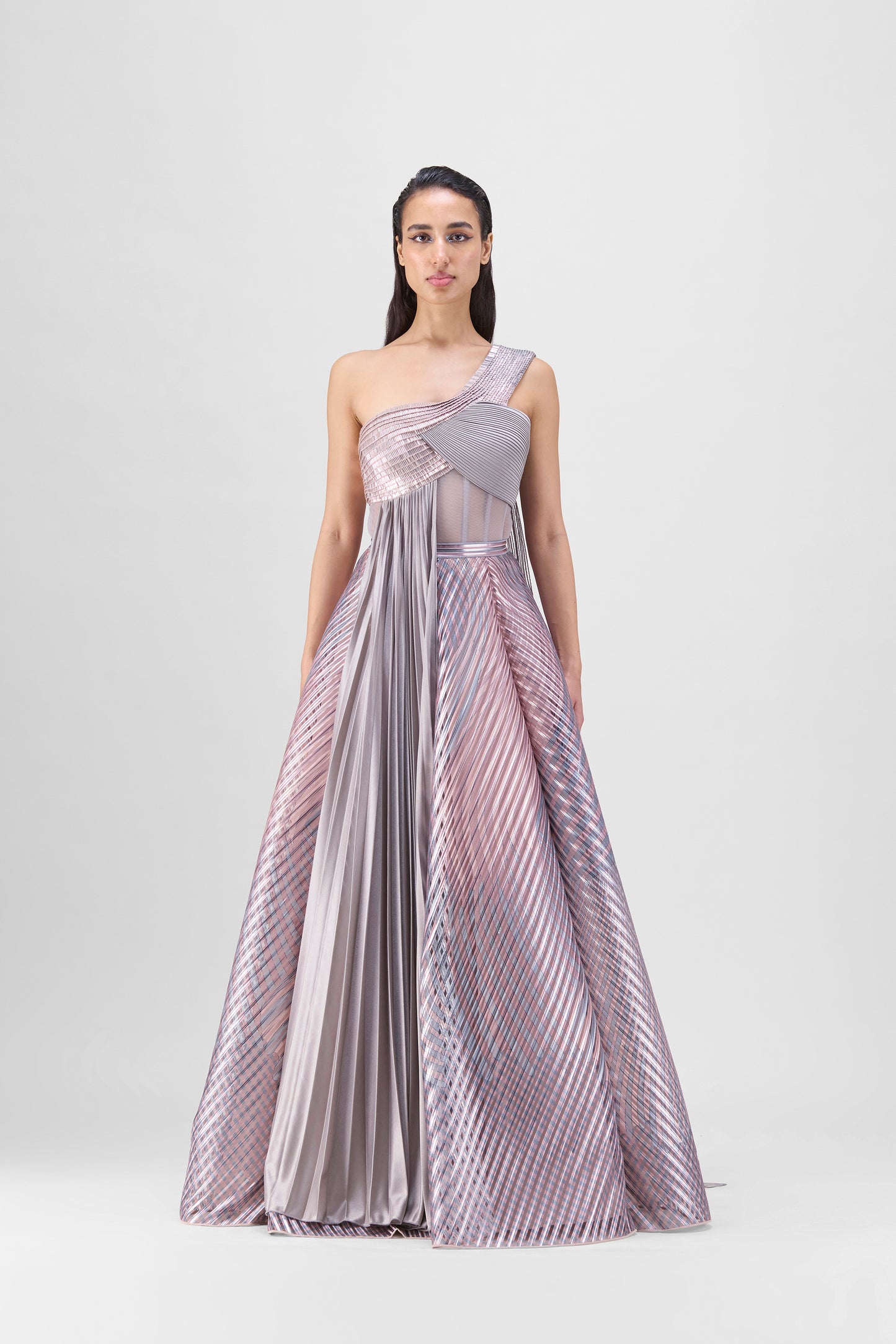 METALLIC FLUTED TULLE PRINTED SKIRT AND TOP WITH TWO DRAPES