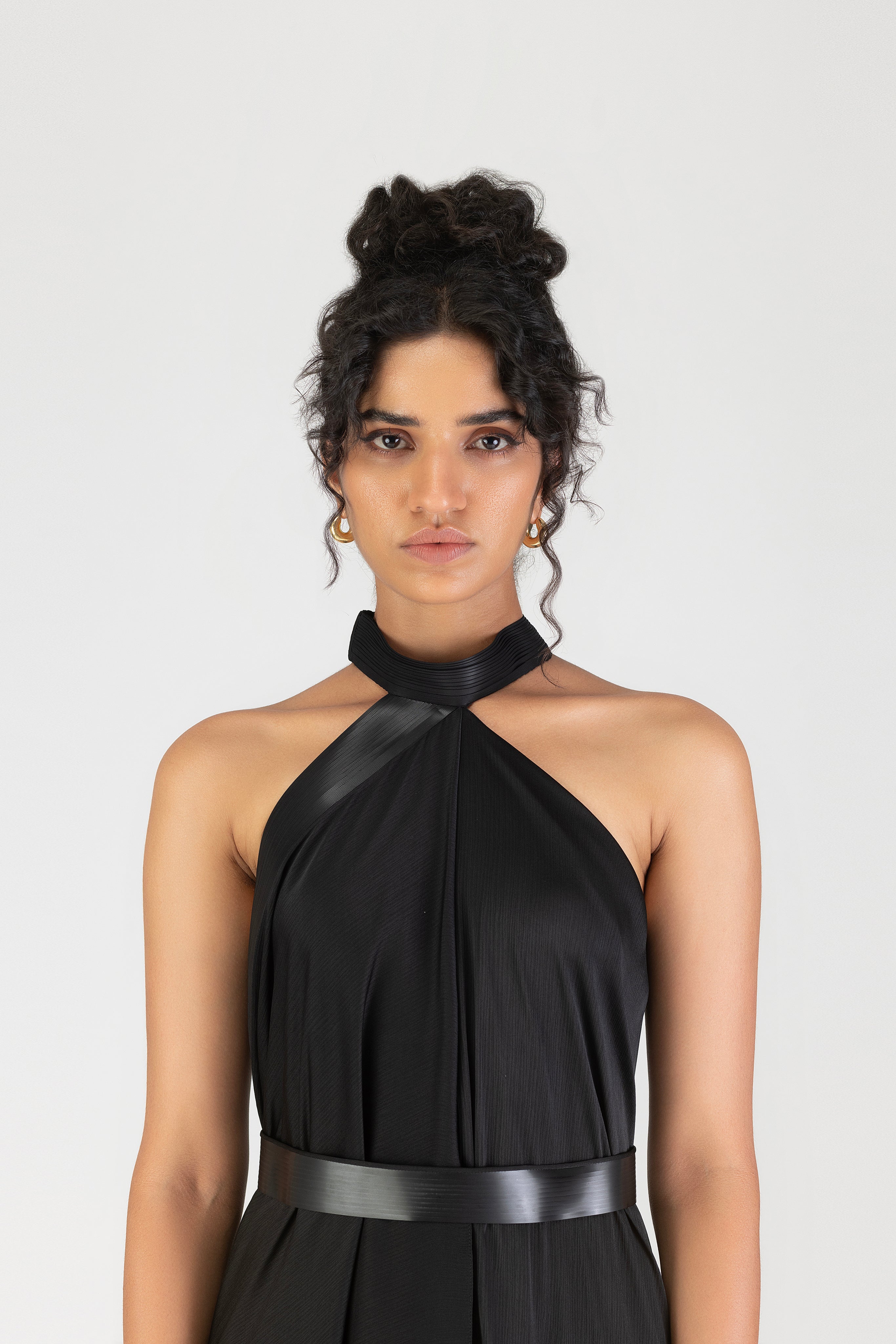 Metallic Halter Fluid Dress