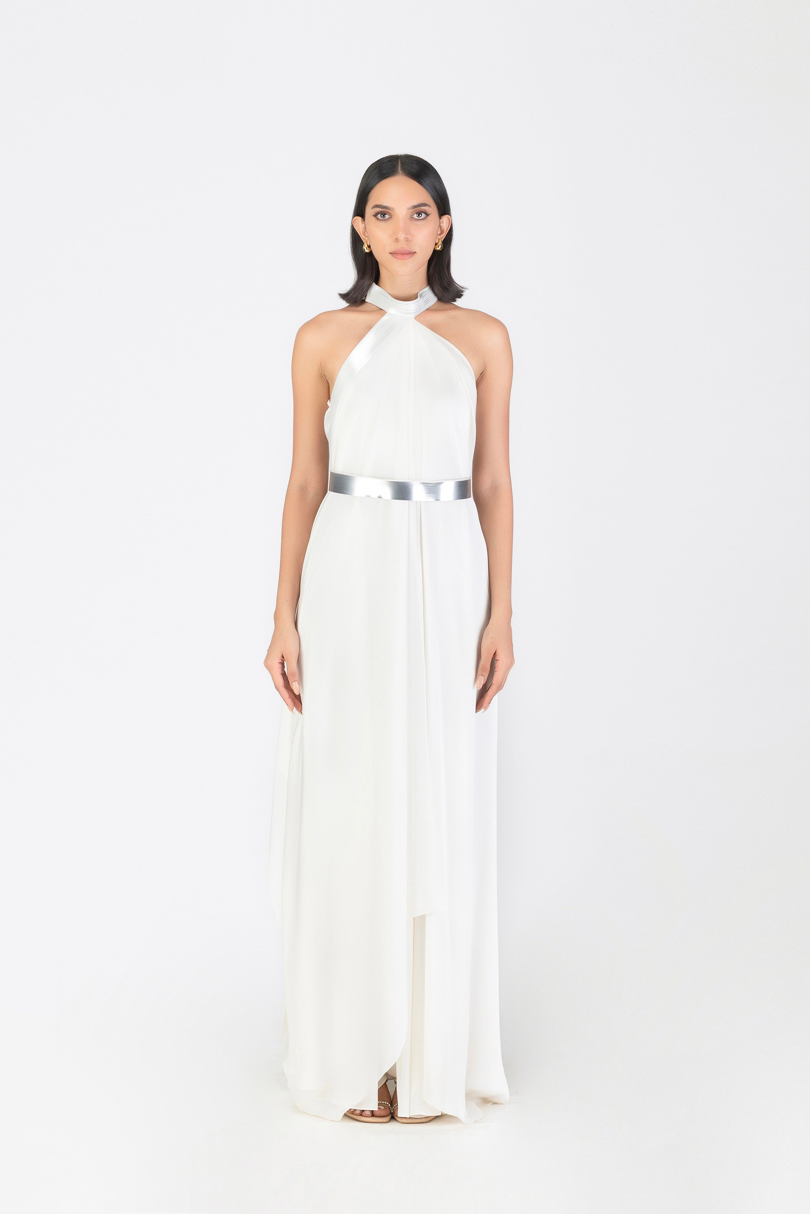 Metallic Halter Fluid Dress