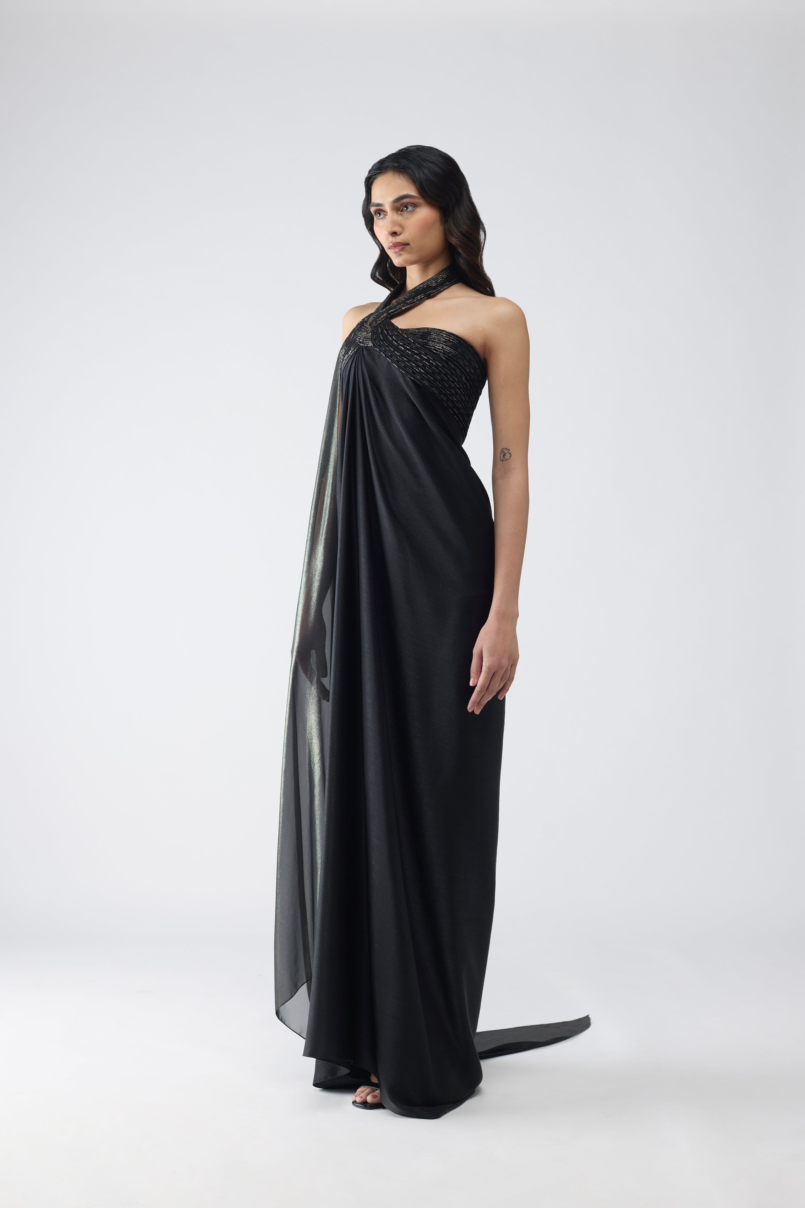 Banarsi Halter Dress With Sleeve Drape