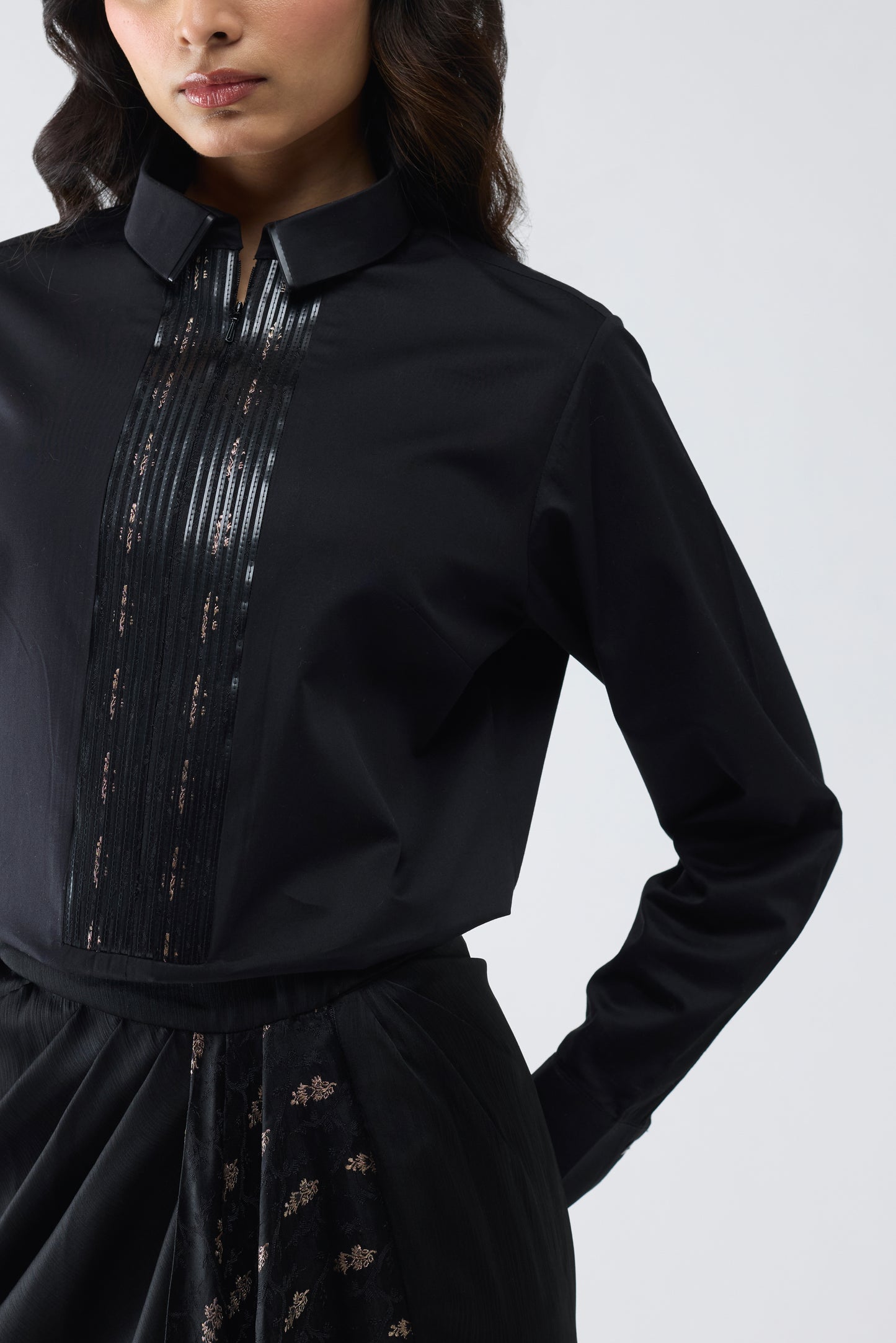 METALLIC SHIRT WITH VINTAGE BANARSI DETAILING AND DRAPED SKIRT