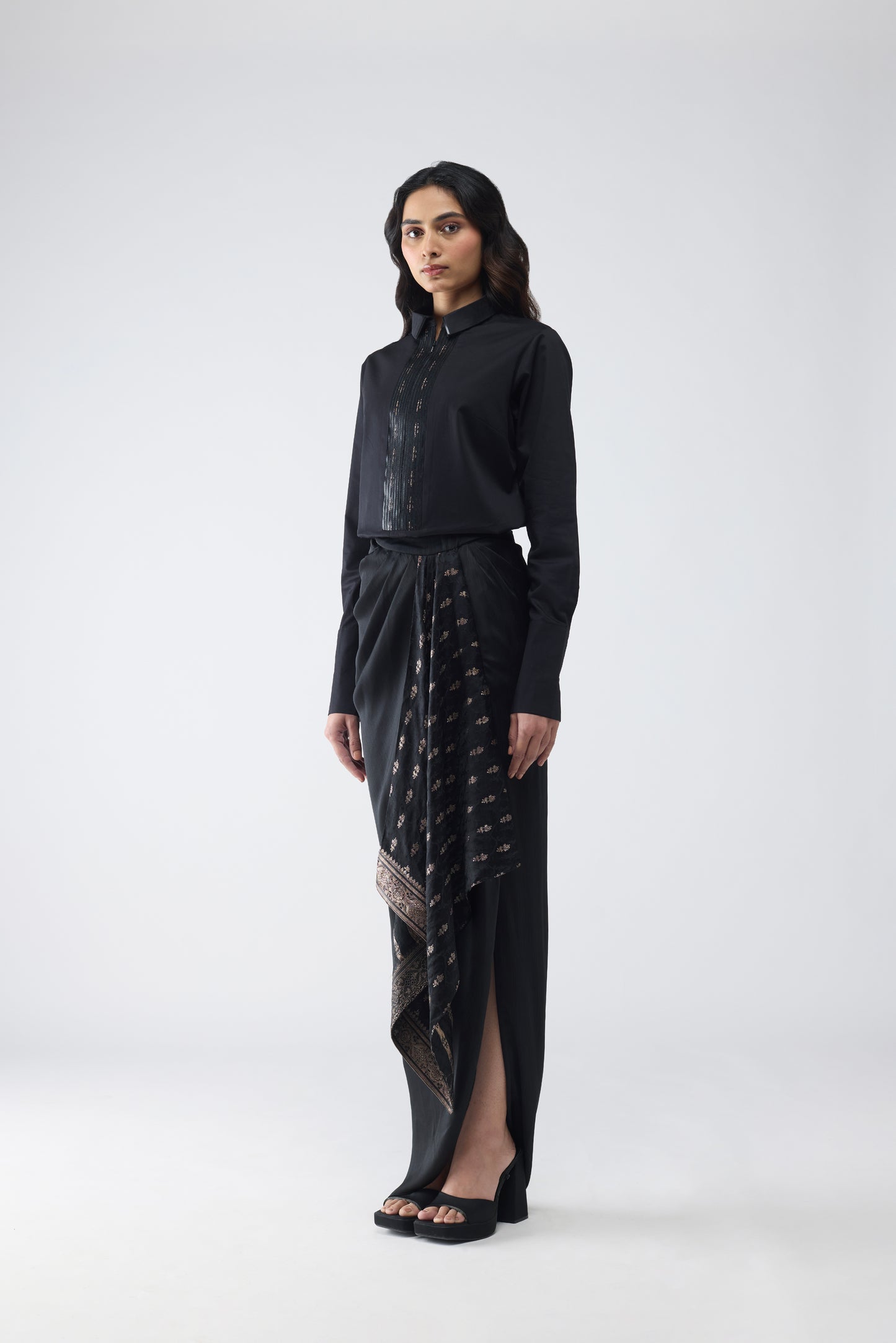 METALLIC SHIRT WITH VINTAGE BANARSI DETAILING AND DRAPED SKIRT