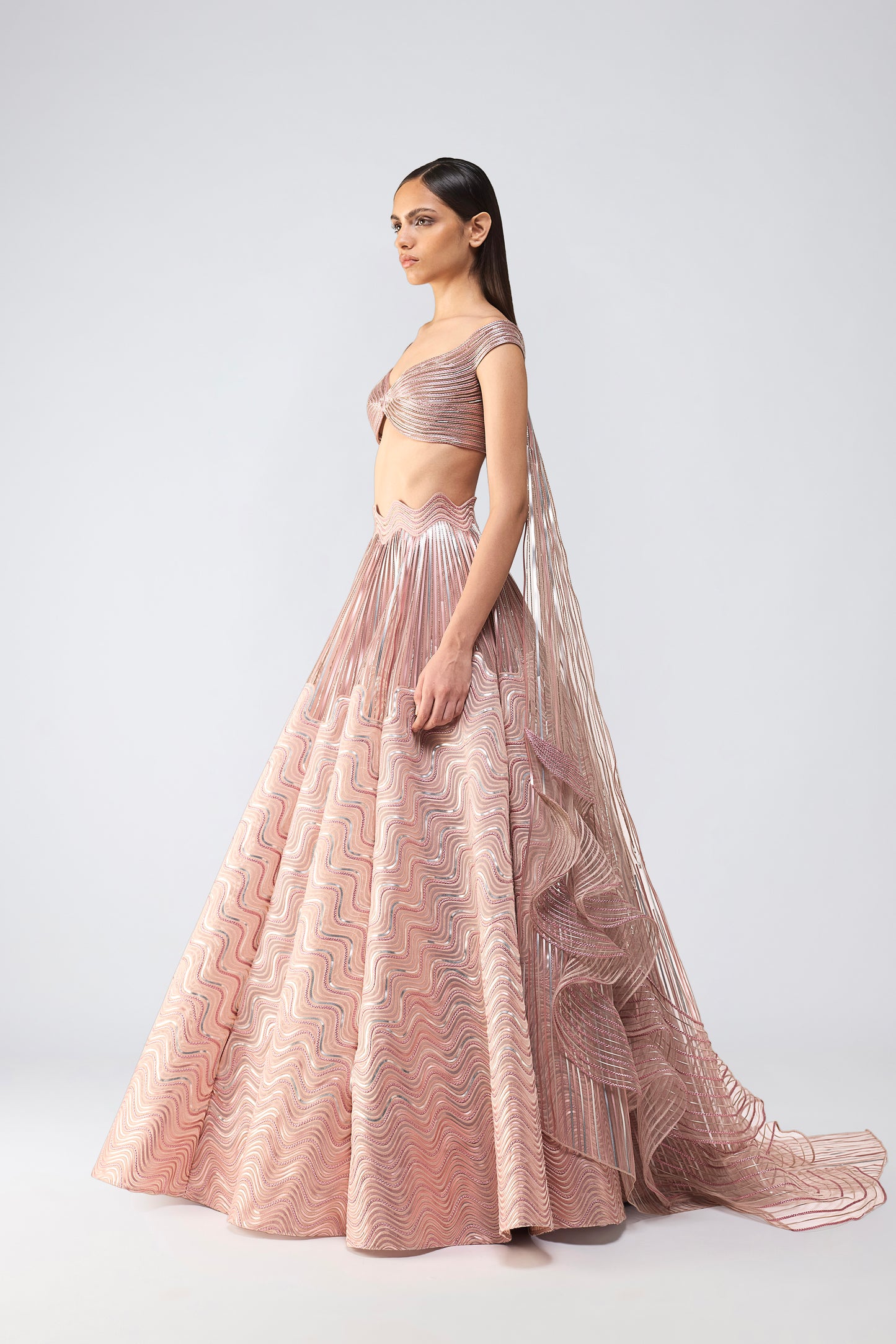 Corded Top With Metallic Skirt And Drape