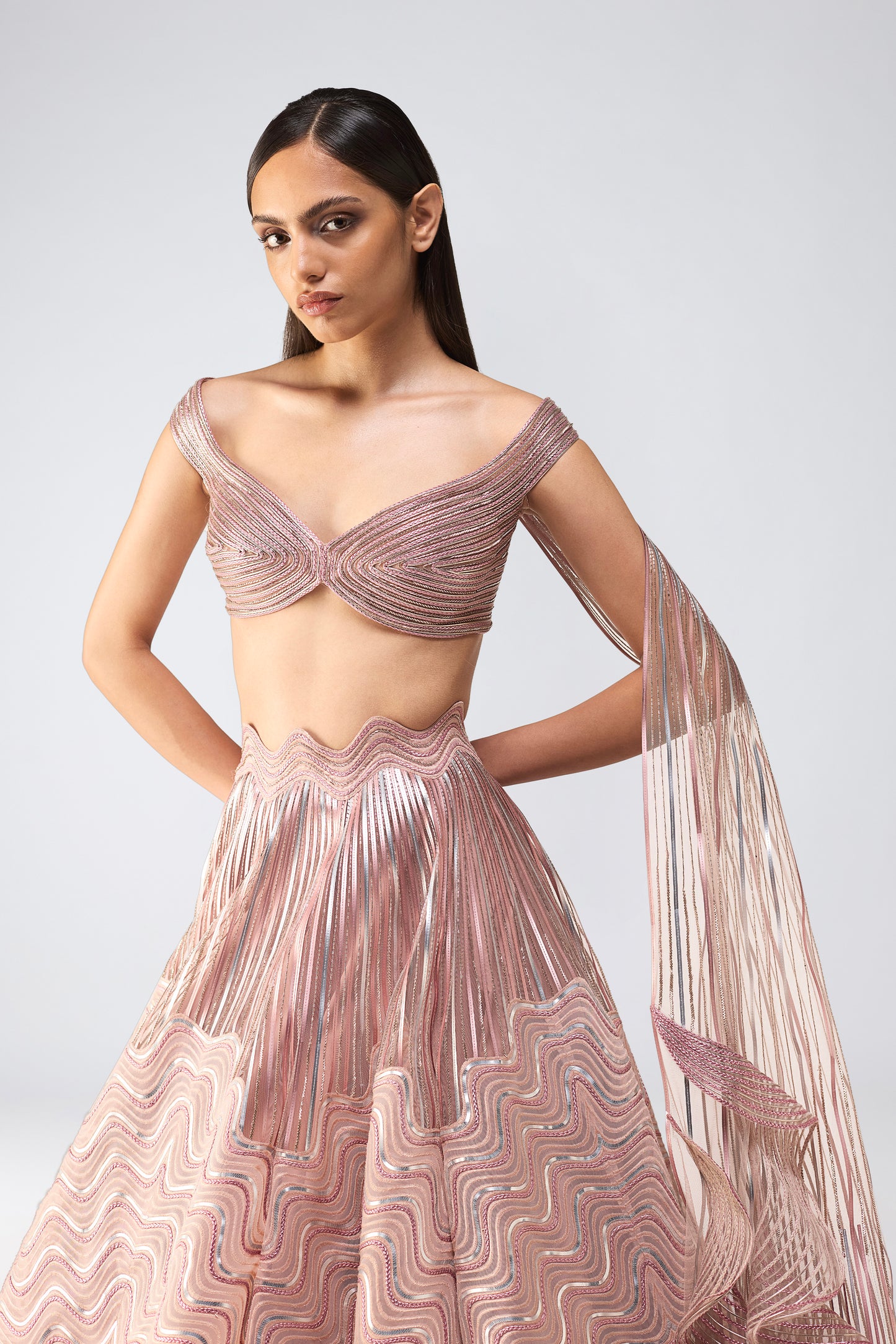 Corded Top With Metallic Skirt And Drape