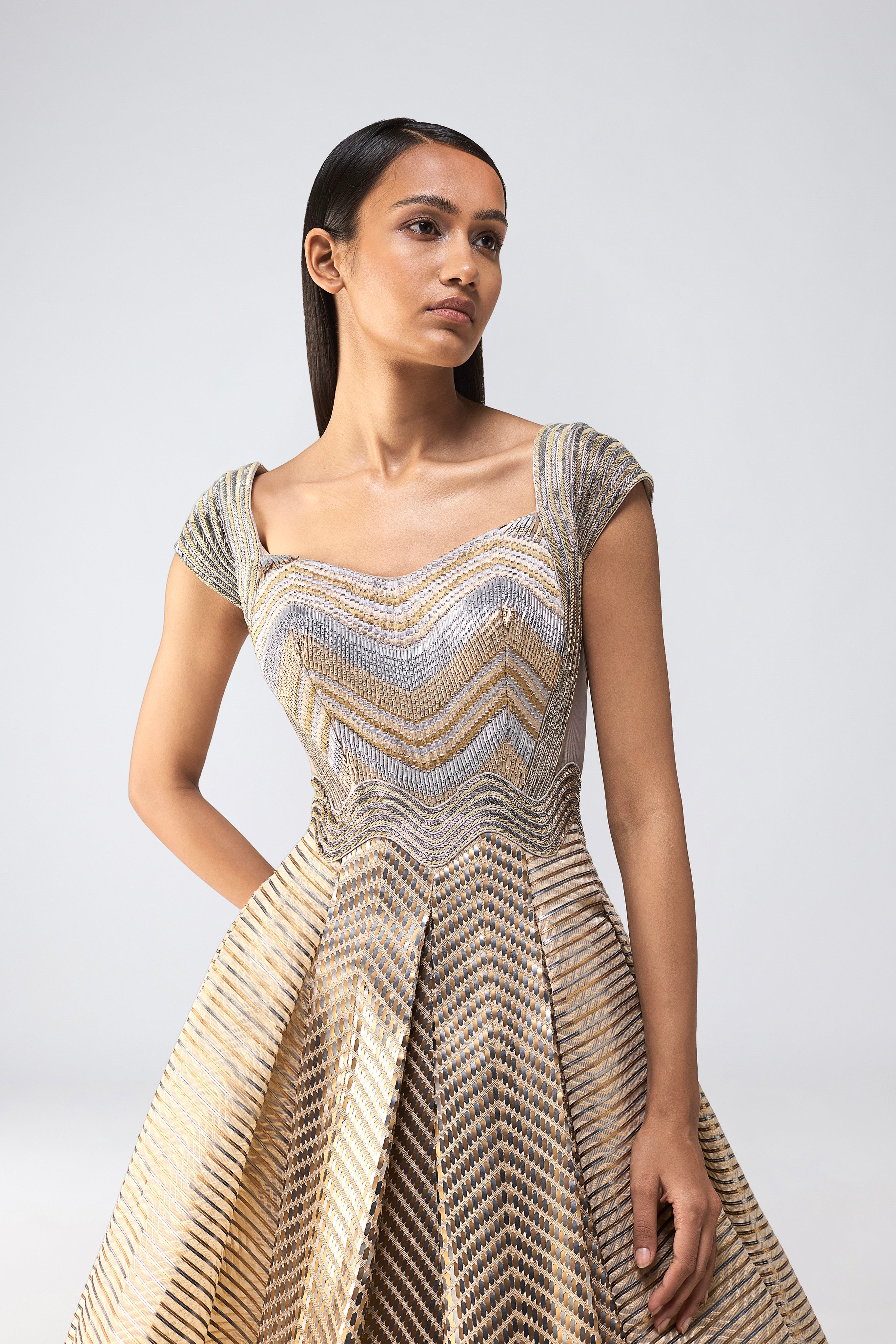 Metallic Scale Flared Gown