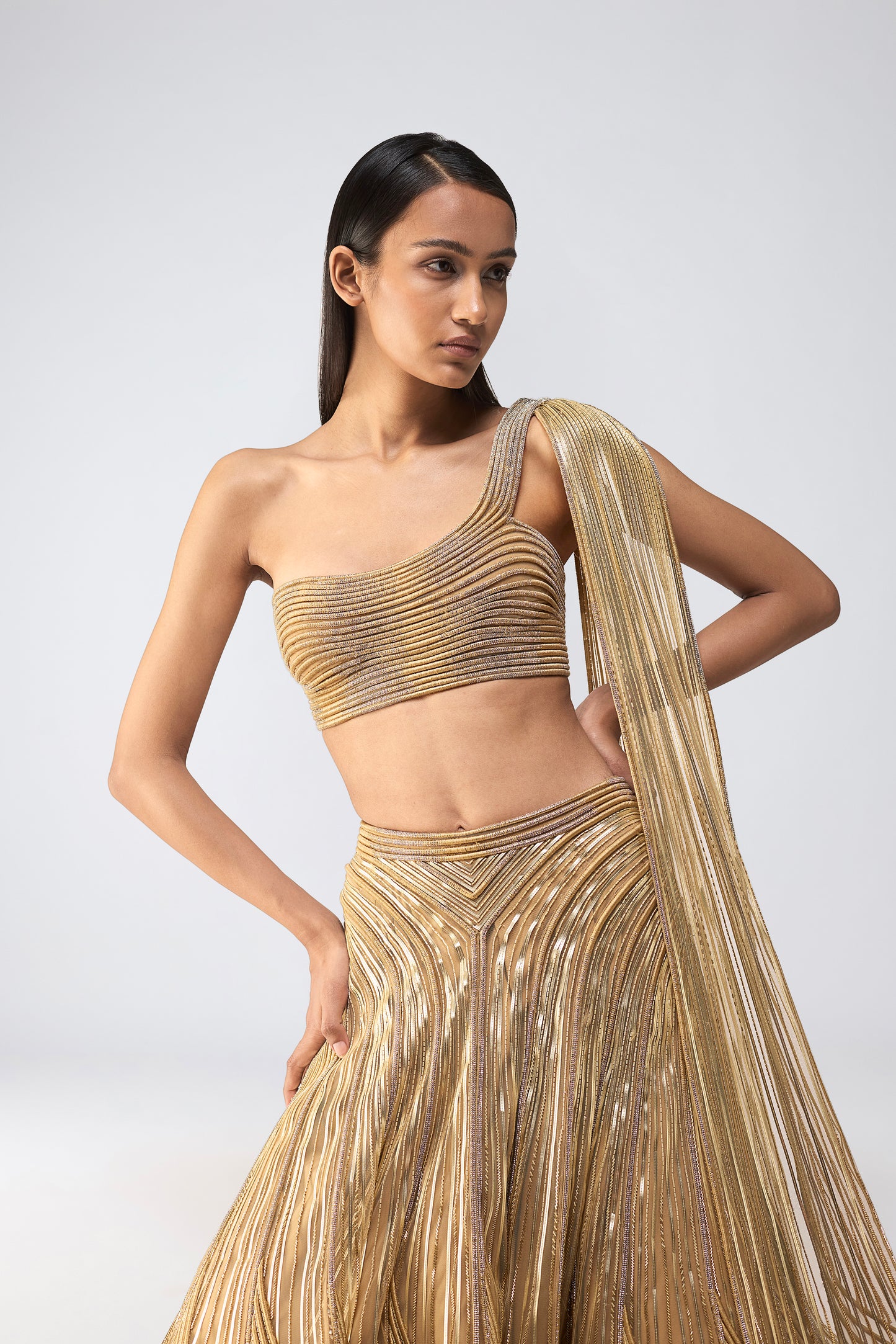 Structured Crystalvein Top With Drape And Skirt