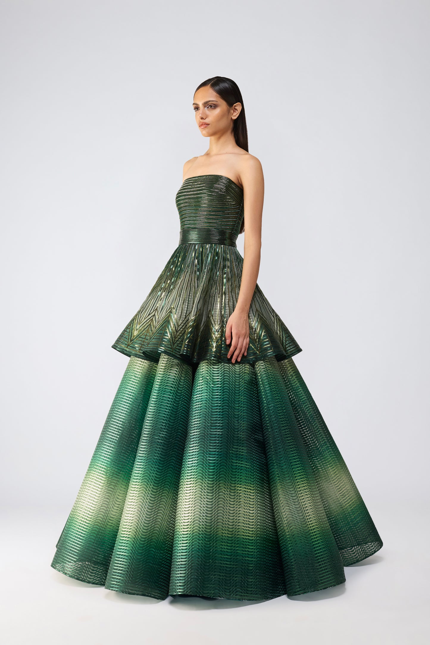 Metallic Glitch Flared Peplum Gown