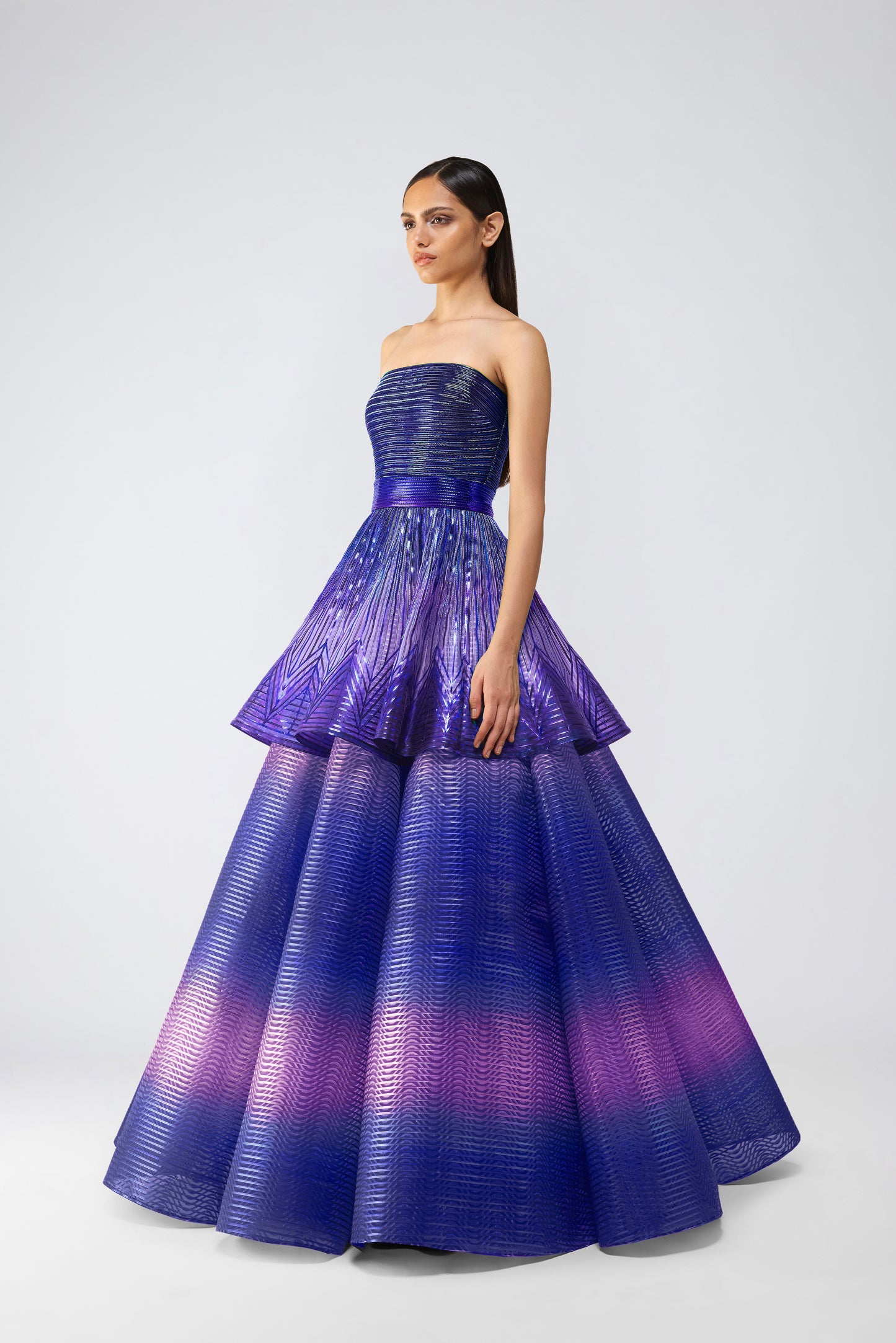 Metallic Glitch Flared Peplum Gown