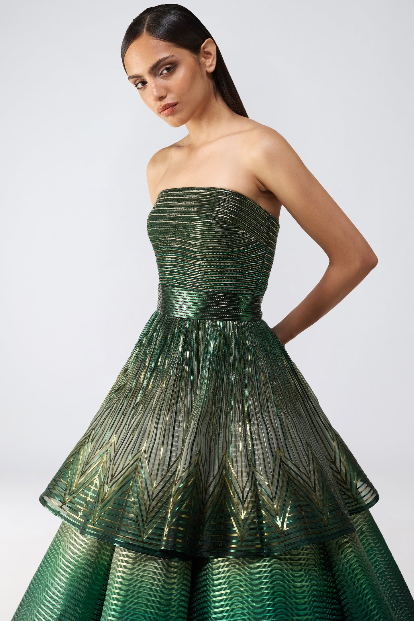 Metallic Glitch Flared Peplum Gown