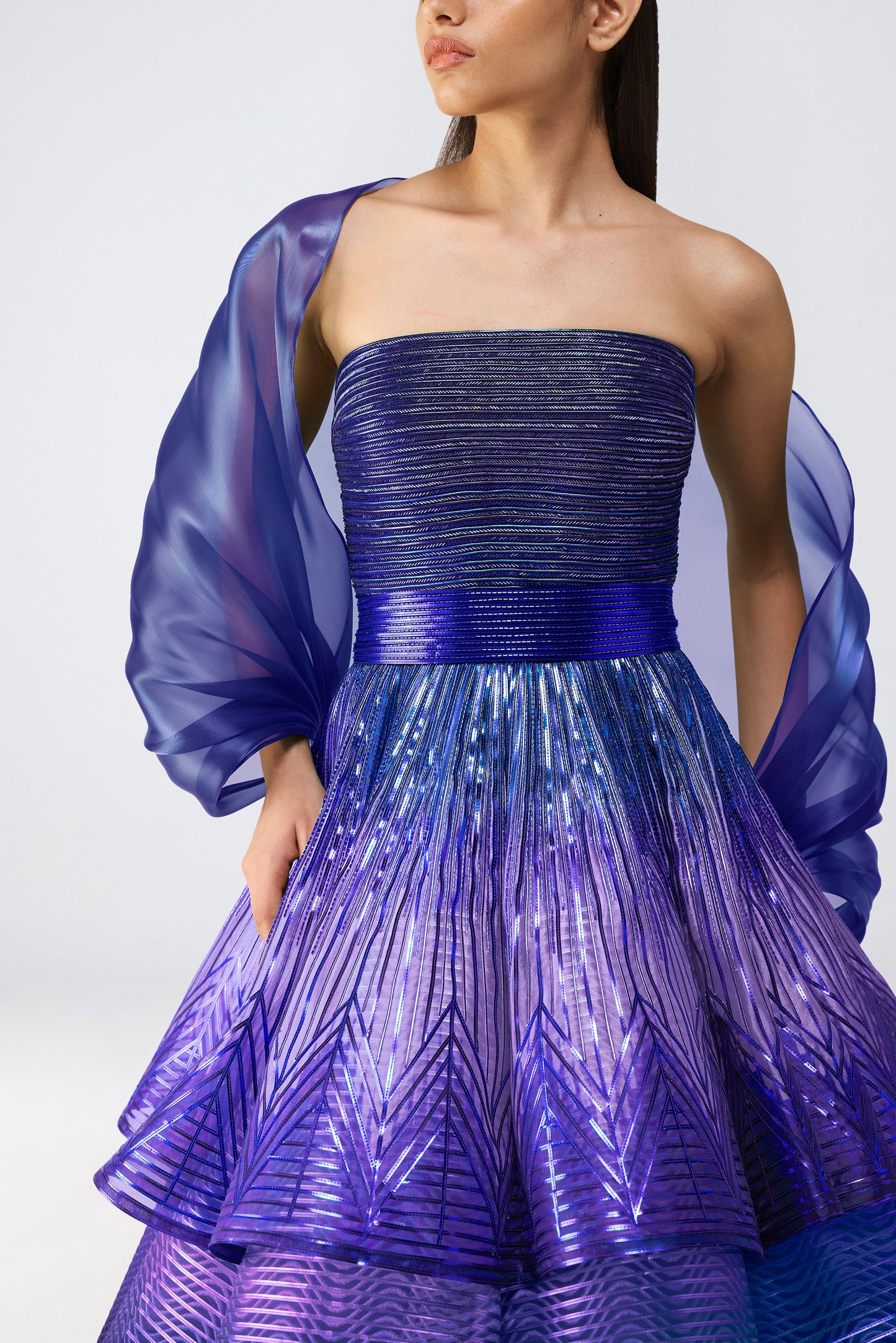 Metallic Glitch Flared Peplum Gown