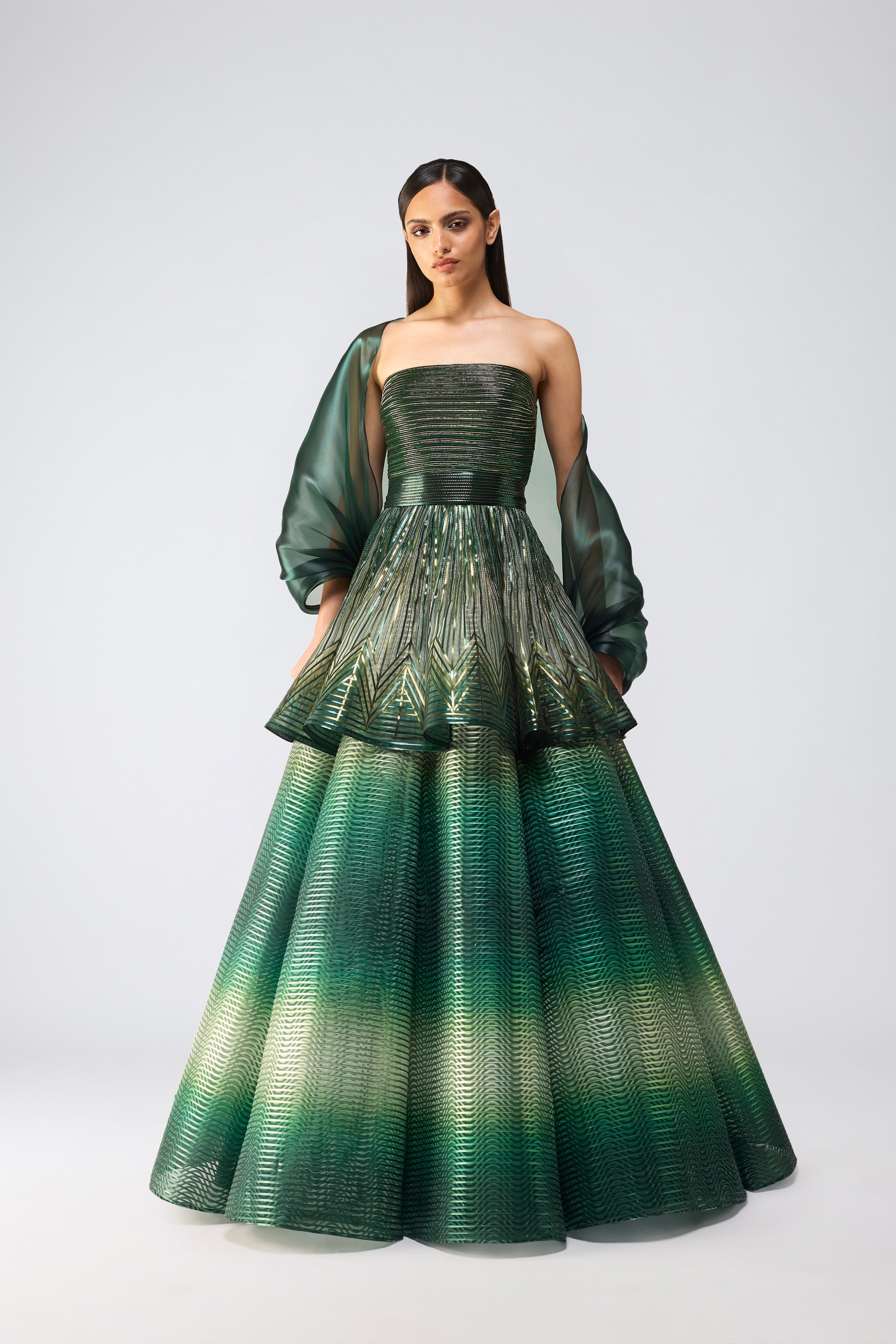 Metallic Glitch Flared Peplum Gown