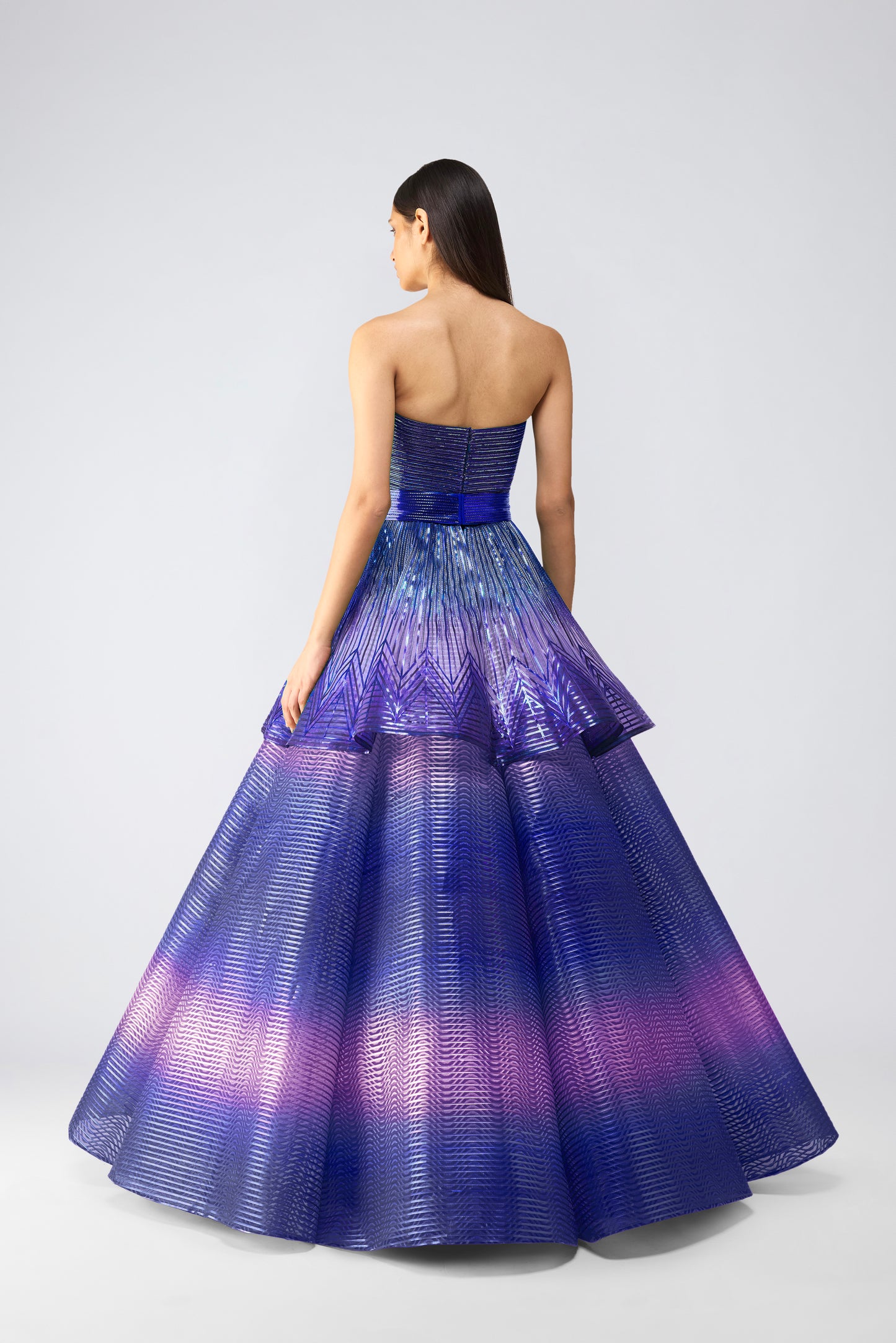 Metallic Glitch Flared Peplum Gown