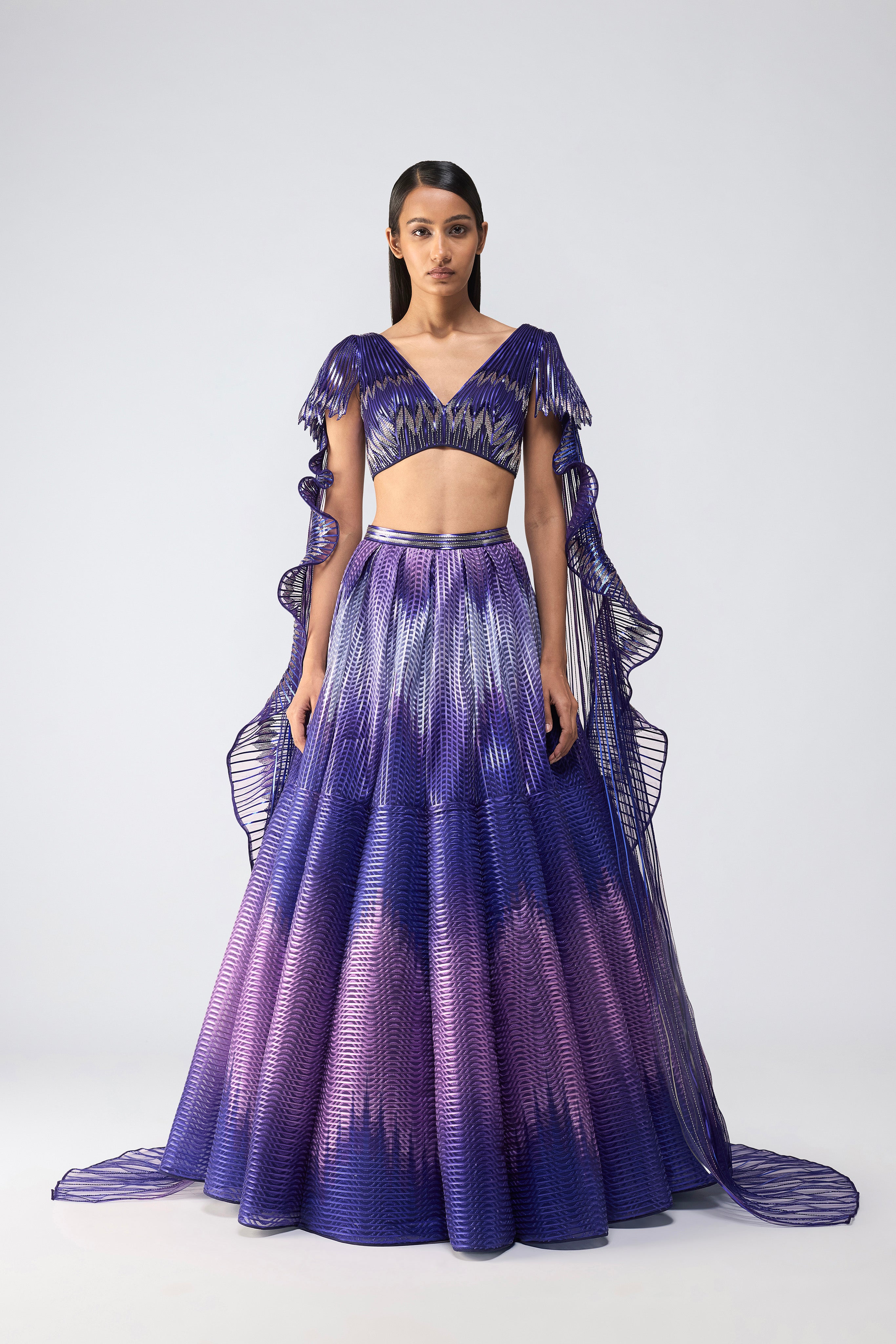 Metallic Glitch Top With Drape And Ombre Skirt