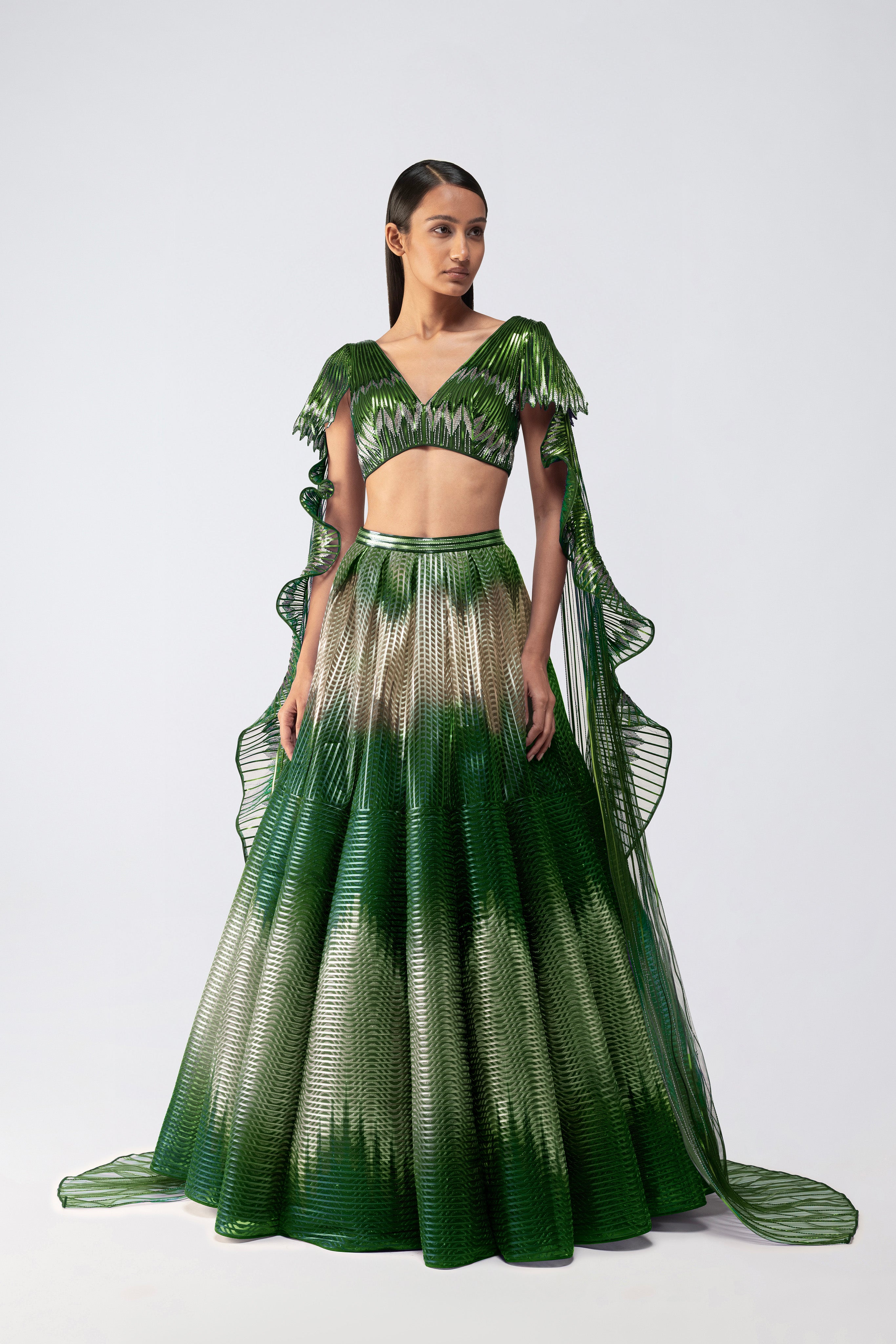 Metallic Glitch Top With Drape And Ombre Skirt