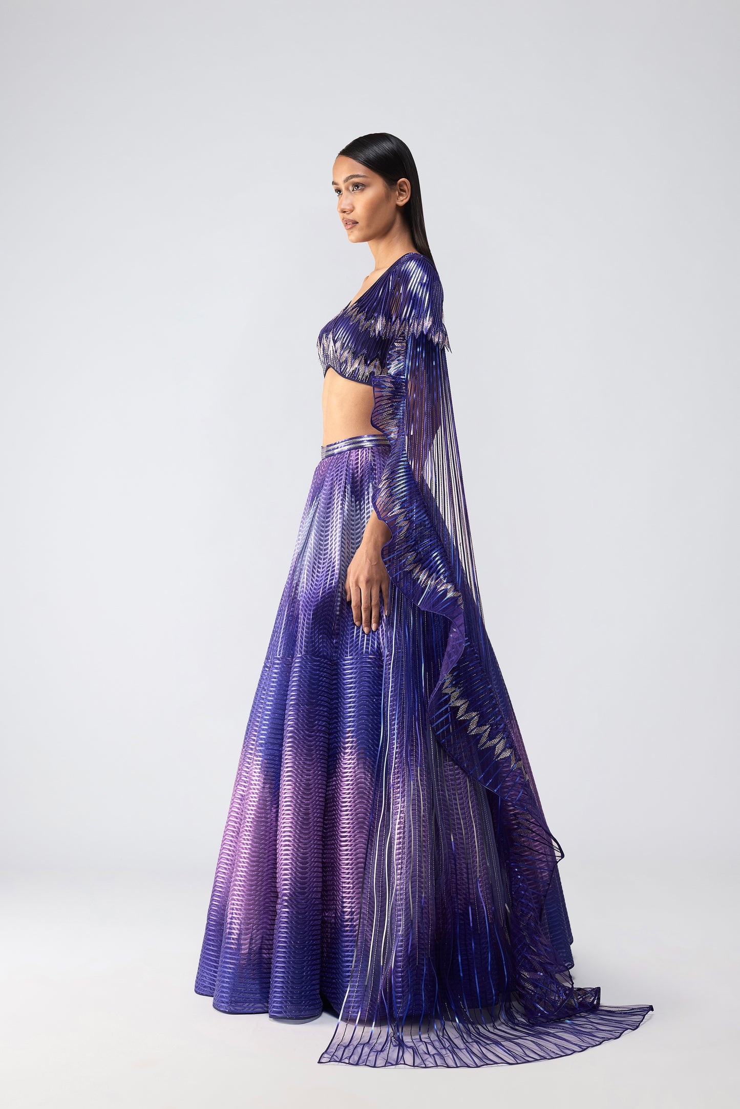 Metallic Glitch Top With Drape And Ombre Skirt