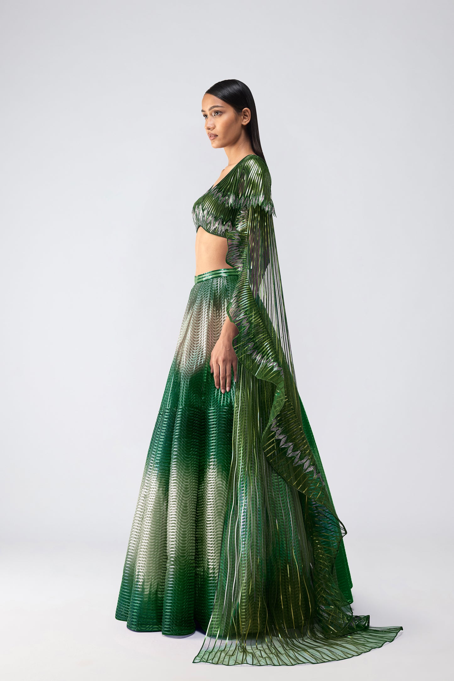 Metallic Glitch Top With Drape And Ombre Skirt